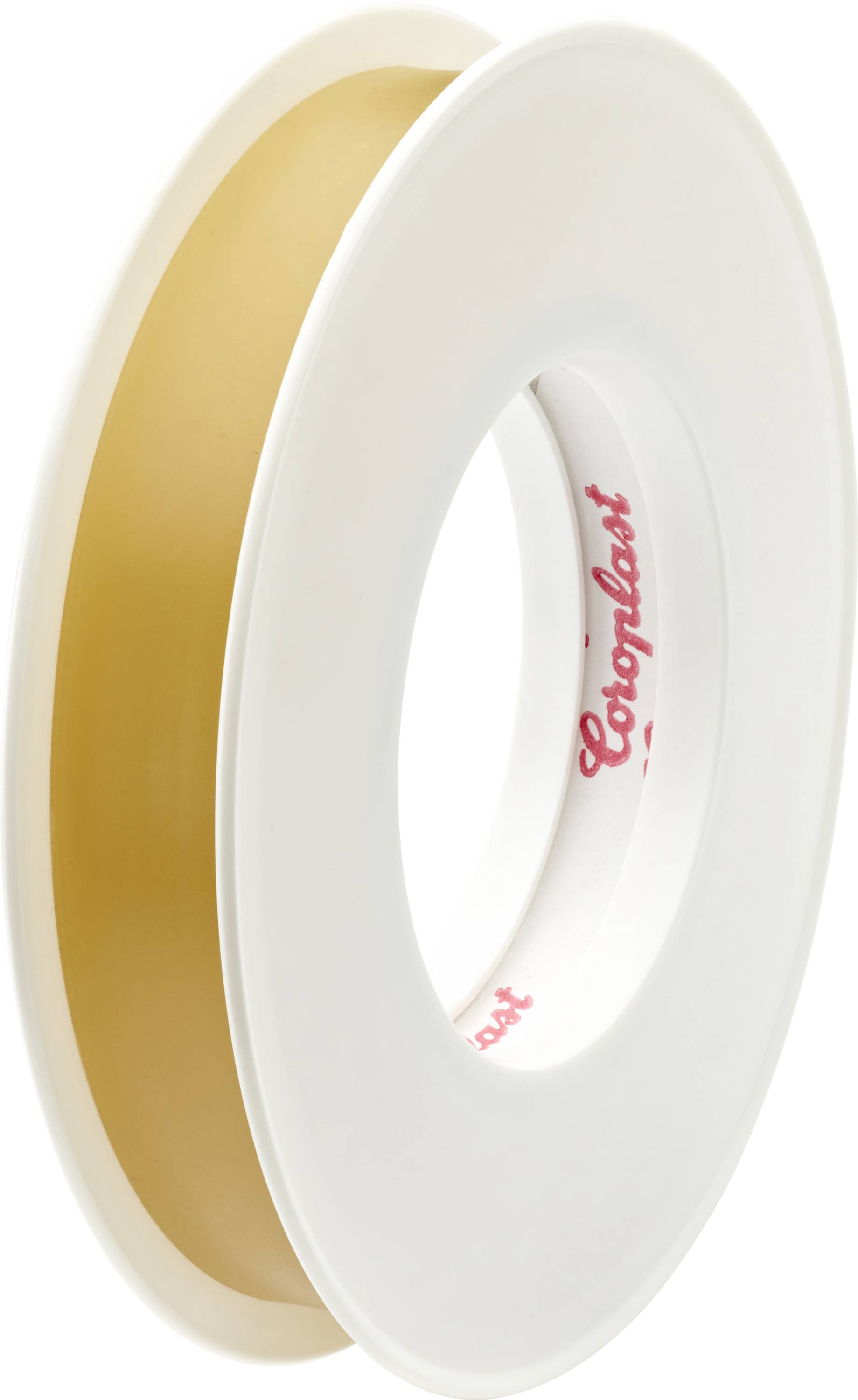 Une bobine blanche avec du ruban adhésif beige enroulé autour, présentant la marque « Coloplast » à l'intérieur de la bobine.