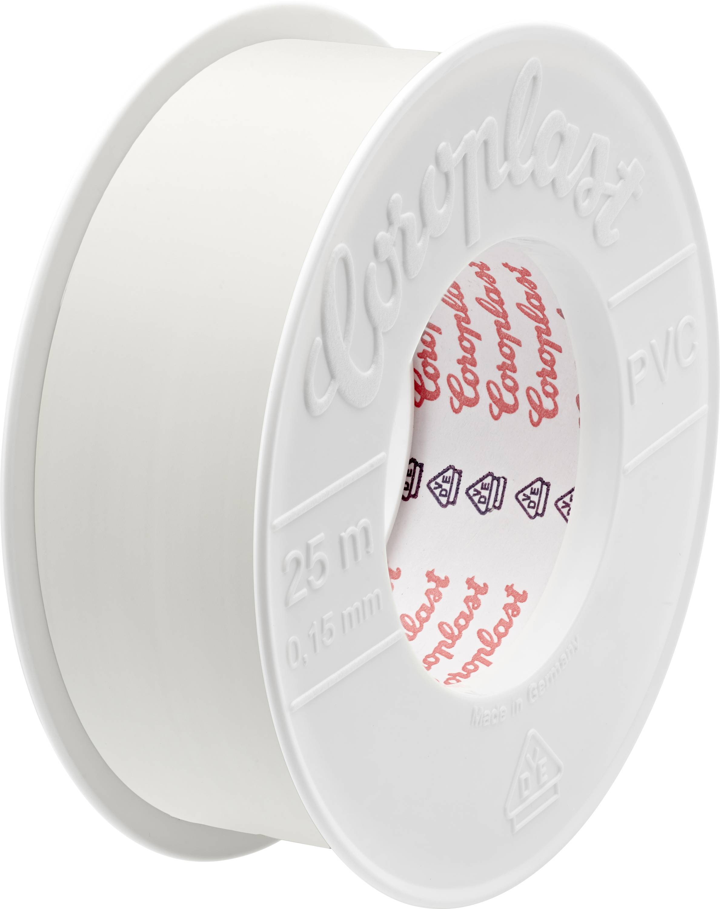 Une bobine blanche de ruban adhésif PVC Coroplast, longue de 25 mètres et épaisse de 0,15 mm, utilisée pour l'étanchéité ou l'isolation dans diverses applications.