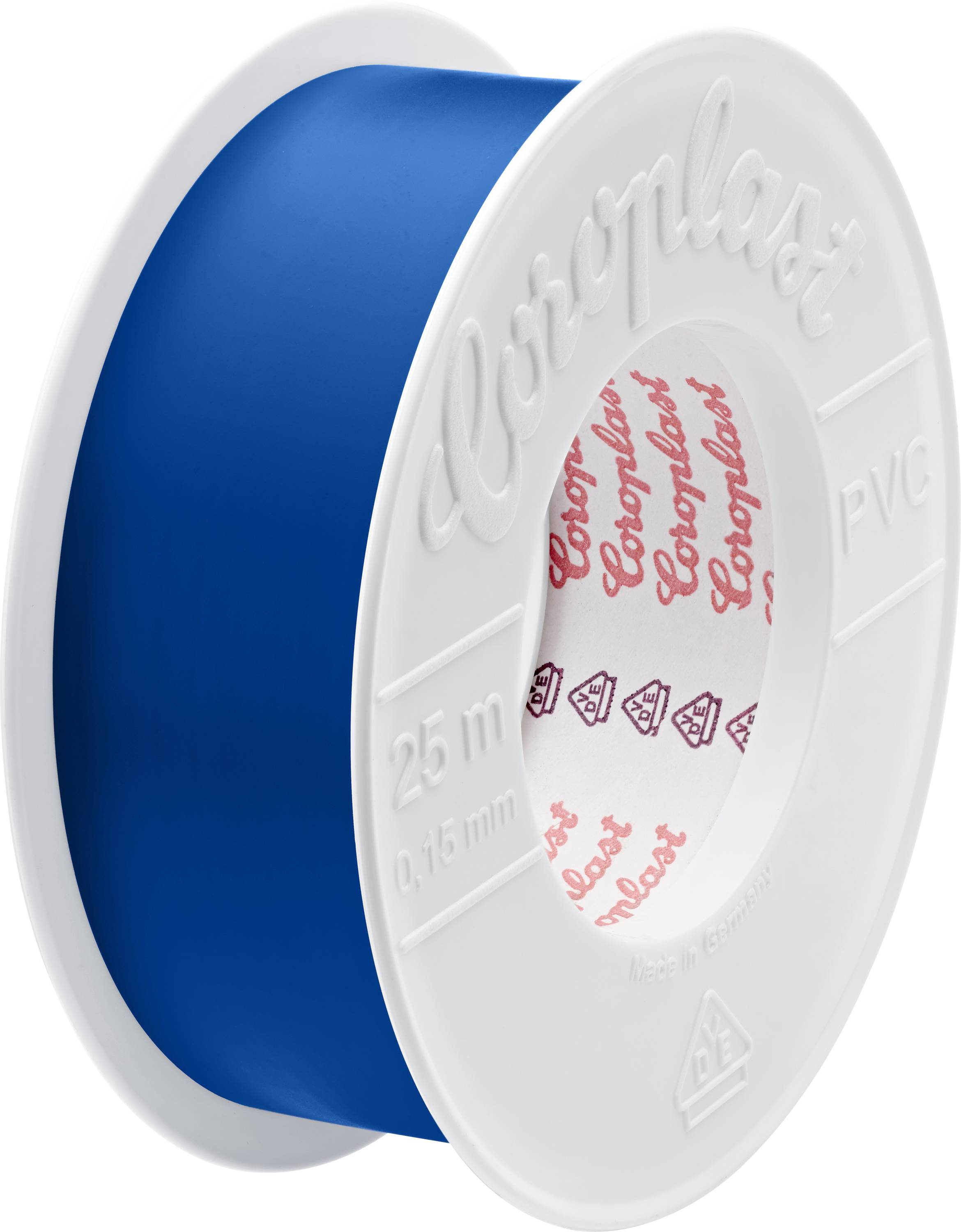 Une bobine de ruban PVC bleu, étiqueté « 26 mètres, 0,15 mm », avec une marque sur le rebord intérieur.