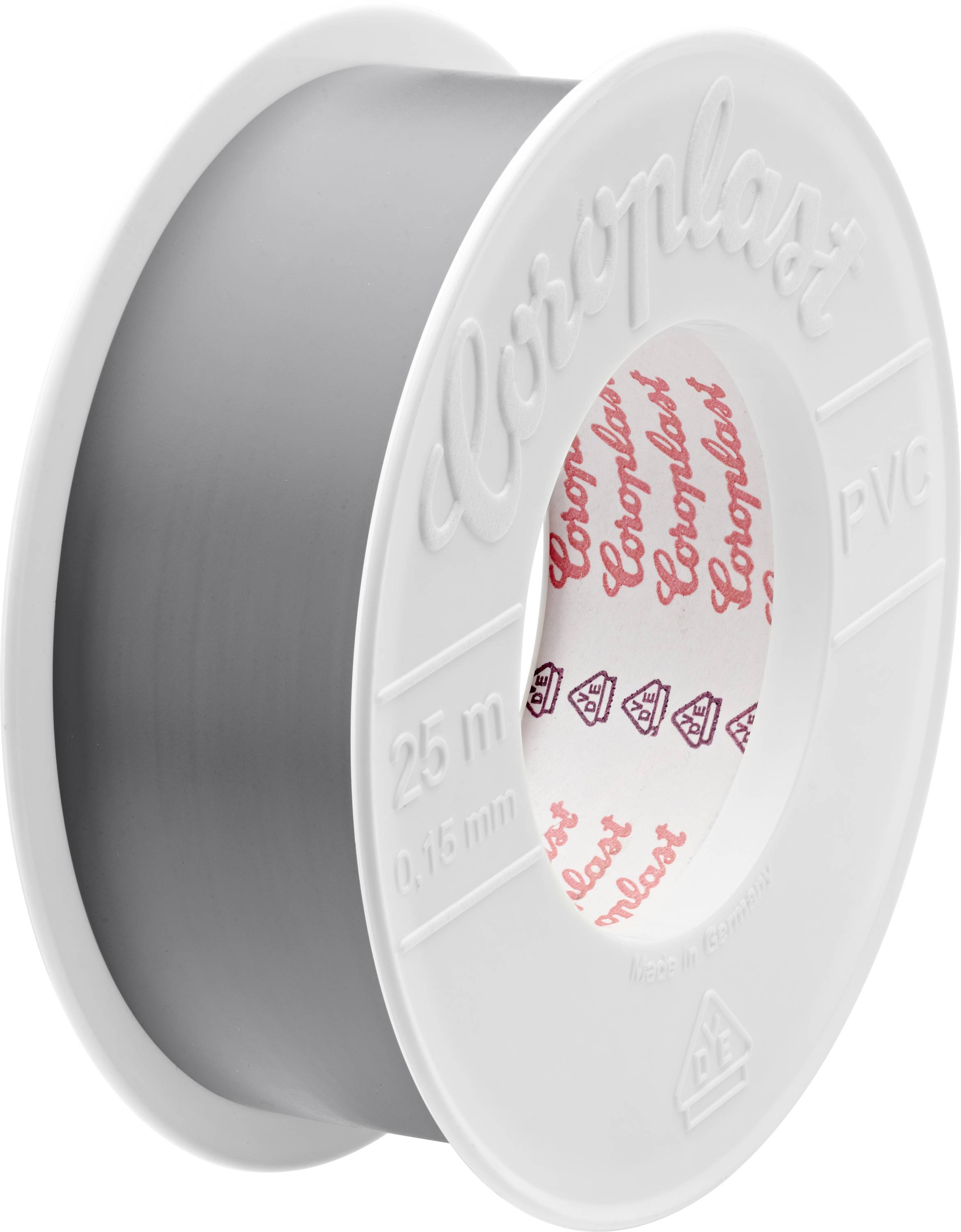 Une bobine de ruban Coroplast gris, longue de 25 mètres et épaisse de 0,15 mm, avec un logo rouge sur la bague intérieure, étiquetée PVC.