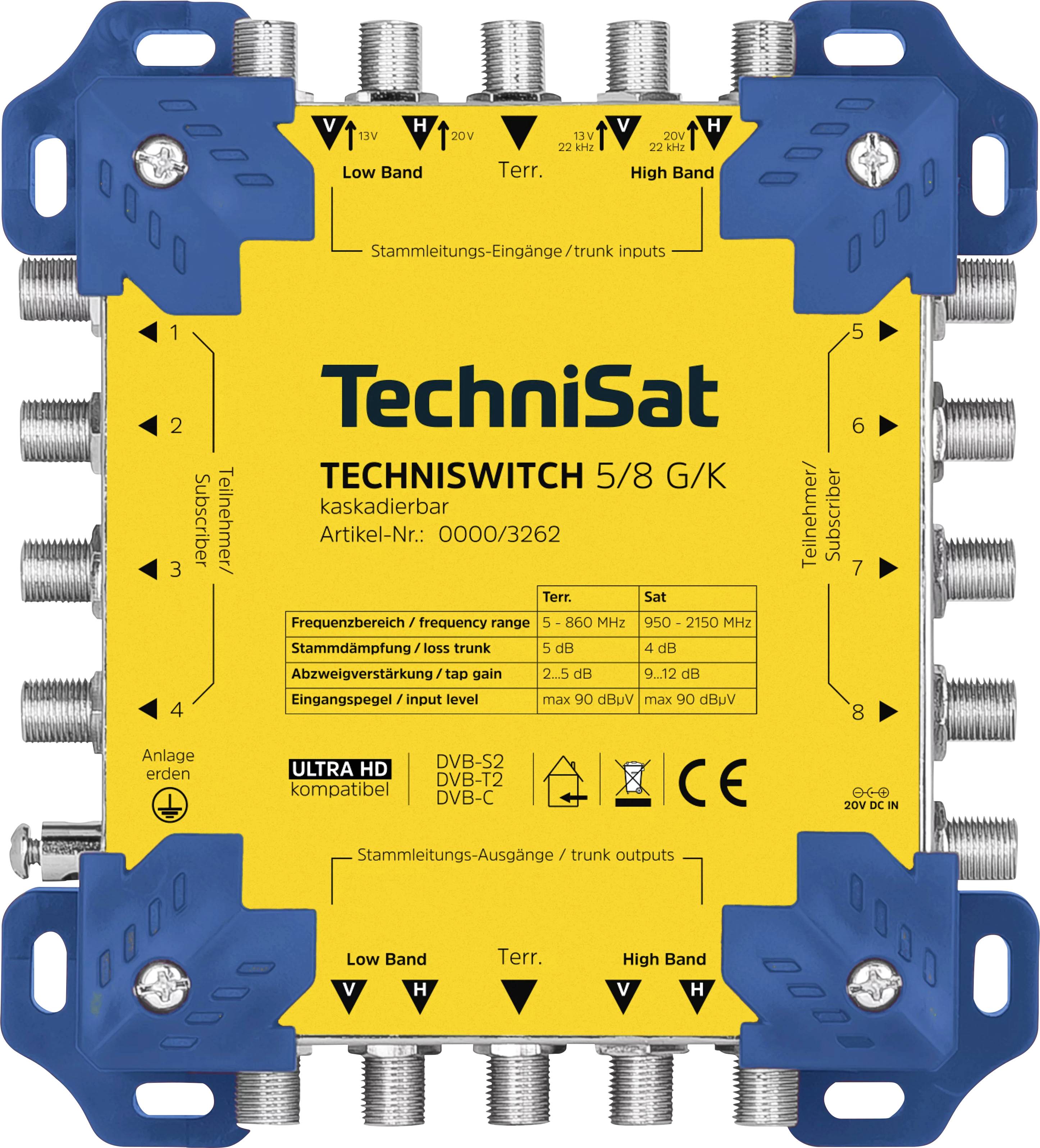 Un appareil multicommutateur rectangulaire, bleu et jaune, étiqueté « TechniSat TECHNISWITCH 5/8 G/K » avec plusieurs entrées et sorties de câbles coaxiaux.