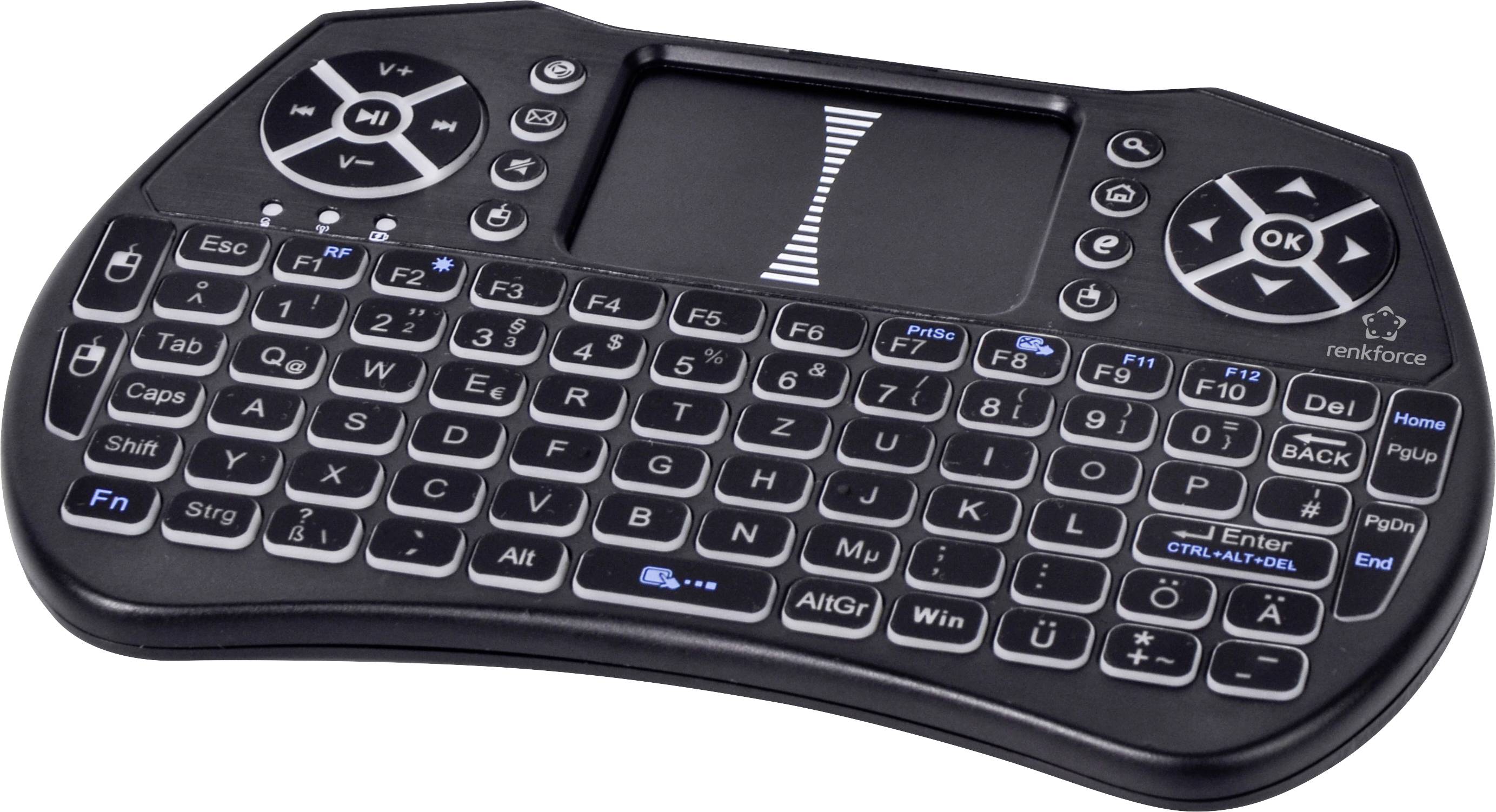 Clavier sans fil mini noir avec pavé tactile intégré, pavés directionnels circulaires et touches de fonction pour boîtier TV ou contrôle multimédia.