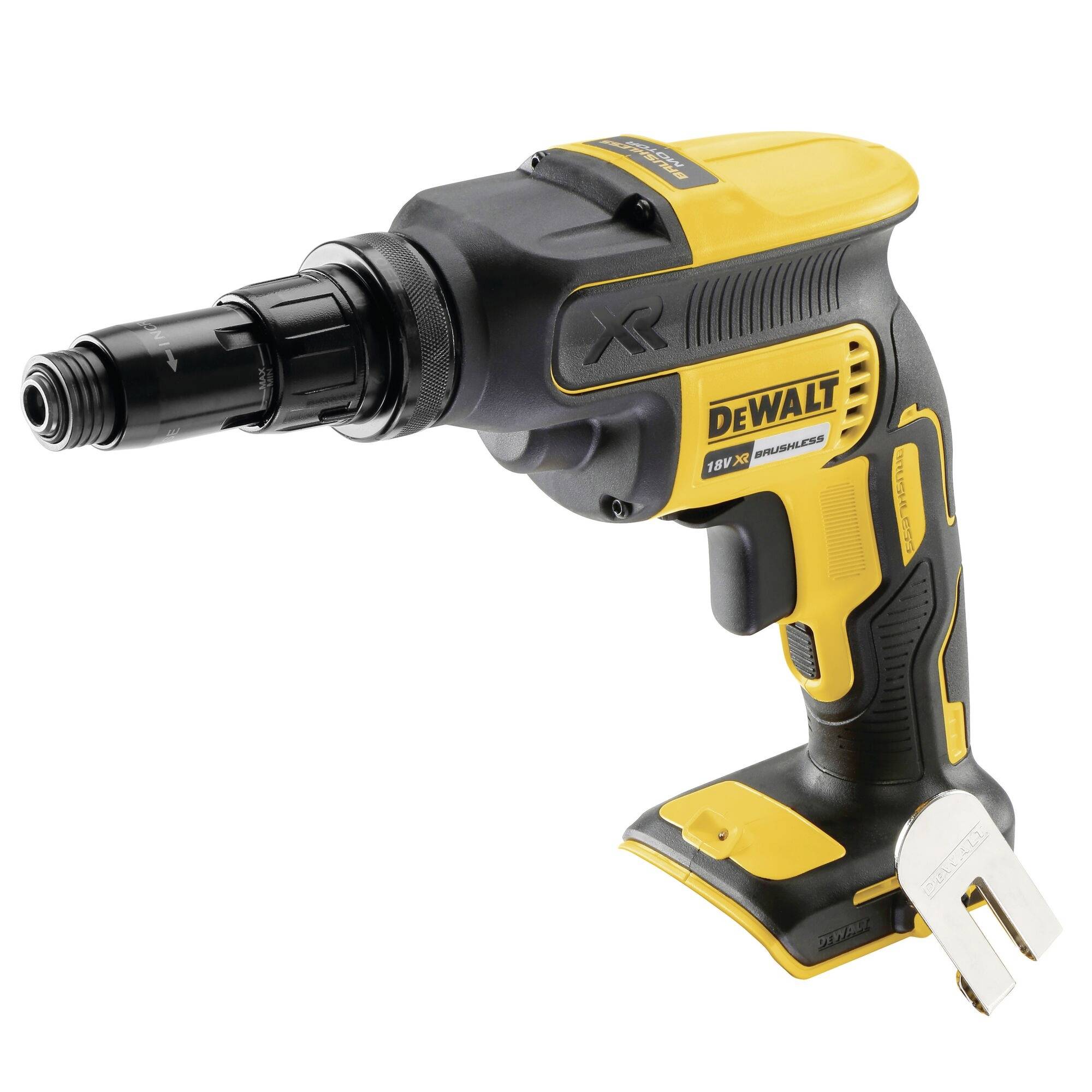 Un tournevis DeWalt sans fil, jaune et noir, avec un moteur sans balais, incliné légèrement vers la gauche, montrant les caractéristiques latérales et supérieures.