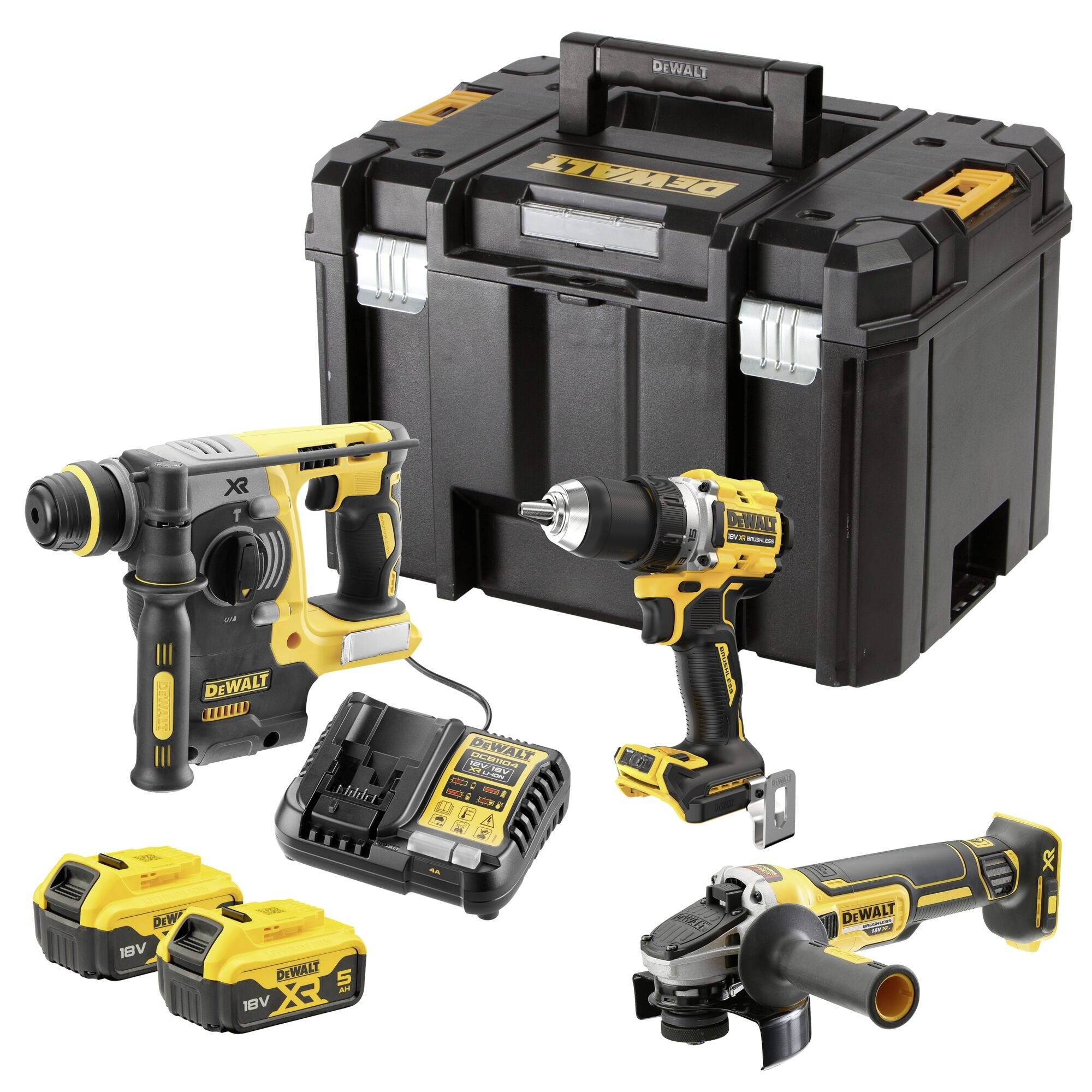 A DeWalt power tool kit includes a drill, impact driver, angle grinder, battery charger, two batteries, and a carrying case.