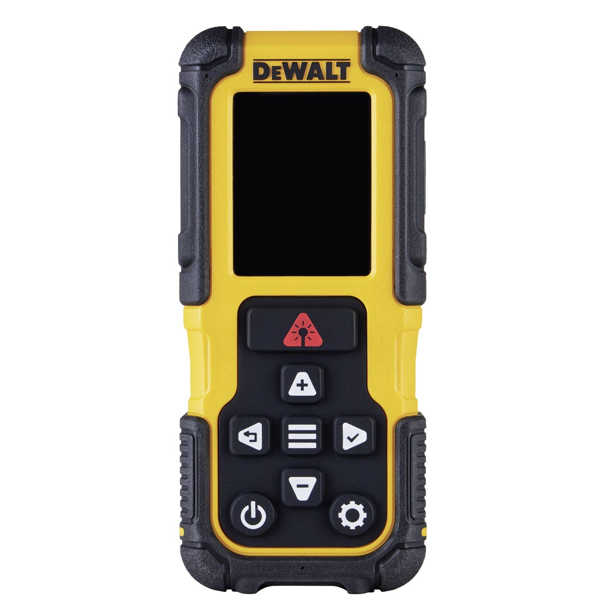 Un outil de mesure numérique portable, jaune et noir, avec des boutons et un écran vierge, marqué de la marque « DeWALT ».