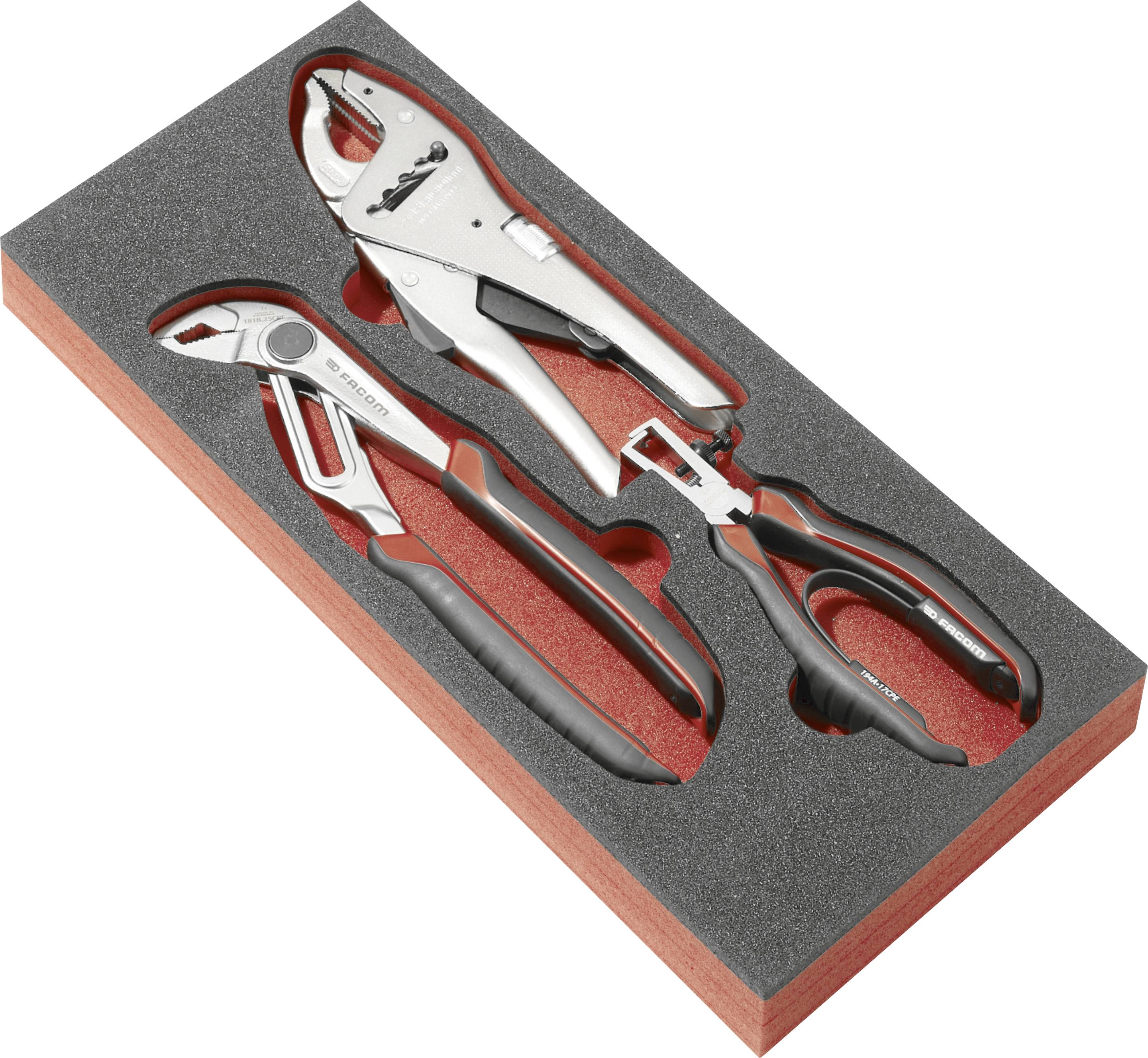 Deux pinces dans un plateau à outils en mousse : une grande clé anglaise ajustable et une pince à joint coulissant.