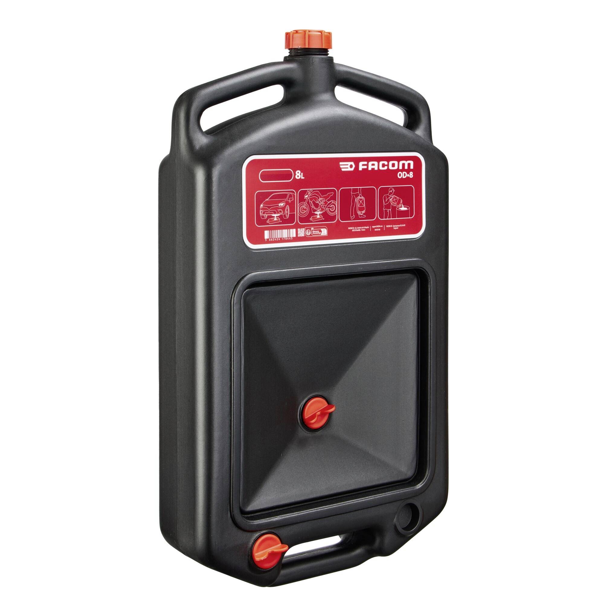 A black 8L oil drain pan with handles, a spout, and a red screw cap, labeled 'FACOM 8L', showing illustrated instructions on the label for use.