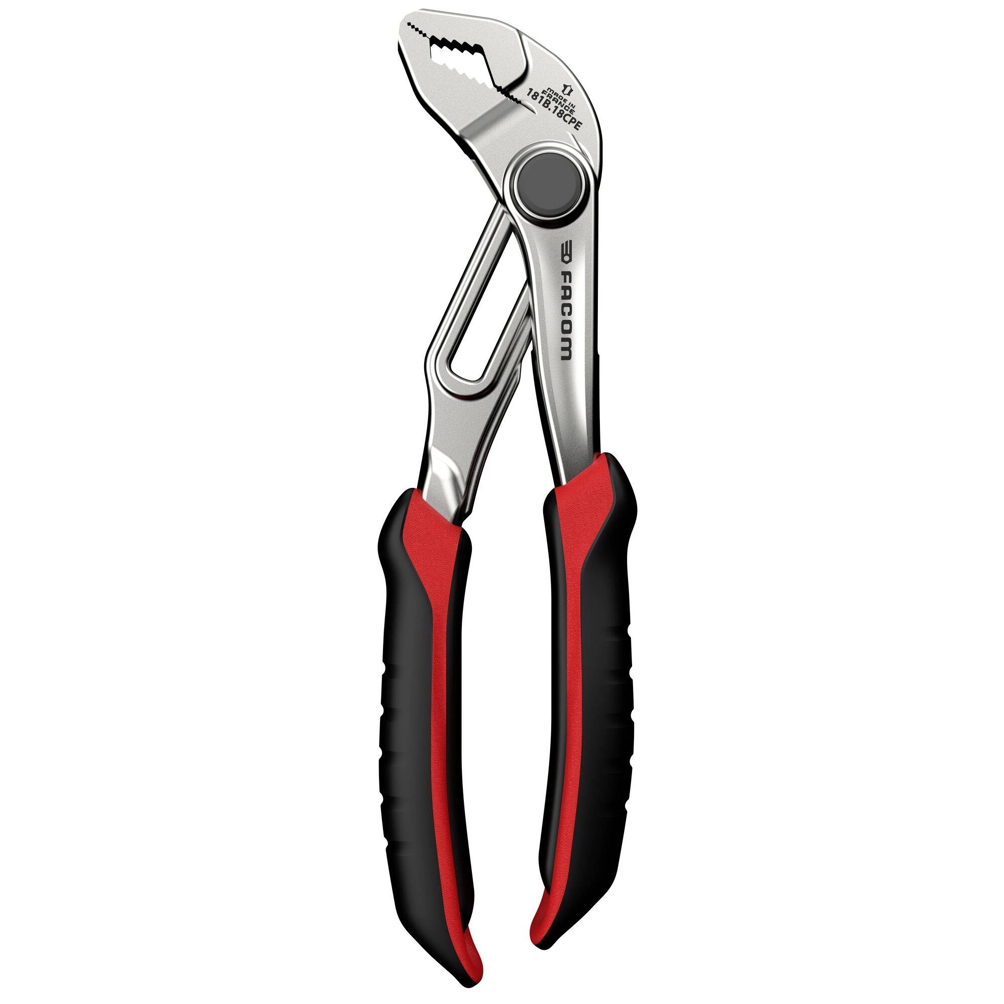 Une paire de pinces réglables aux poignées en caoutchouc rouge et noir, conçues pour une prise solide et un usage polyvalent dans les tâches mécaniques.