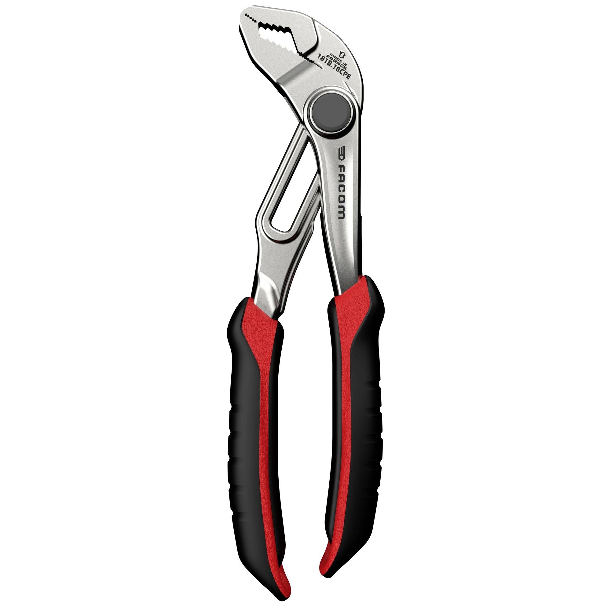 Pinces ajustables avec poignées en caoutchouc rouge et noir, conçues pour saisir et tourner des objets de différentes tailles.