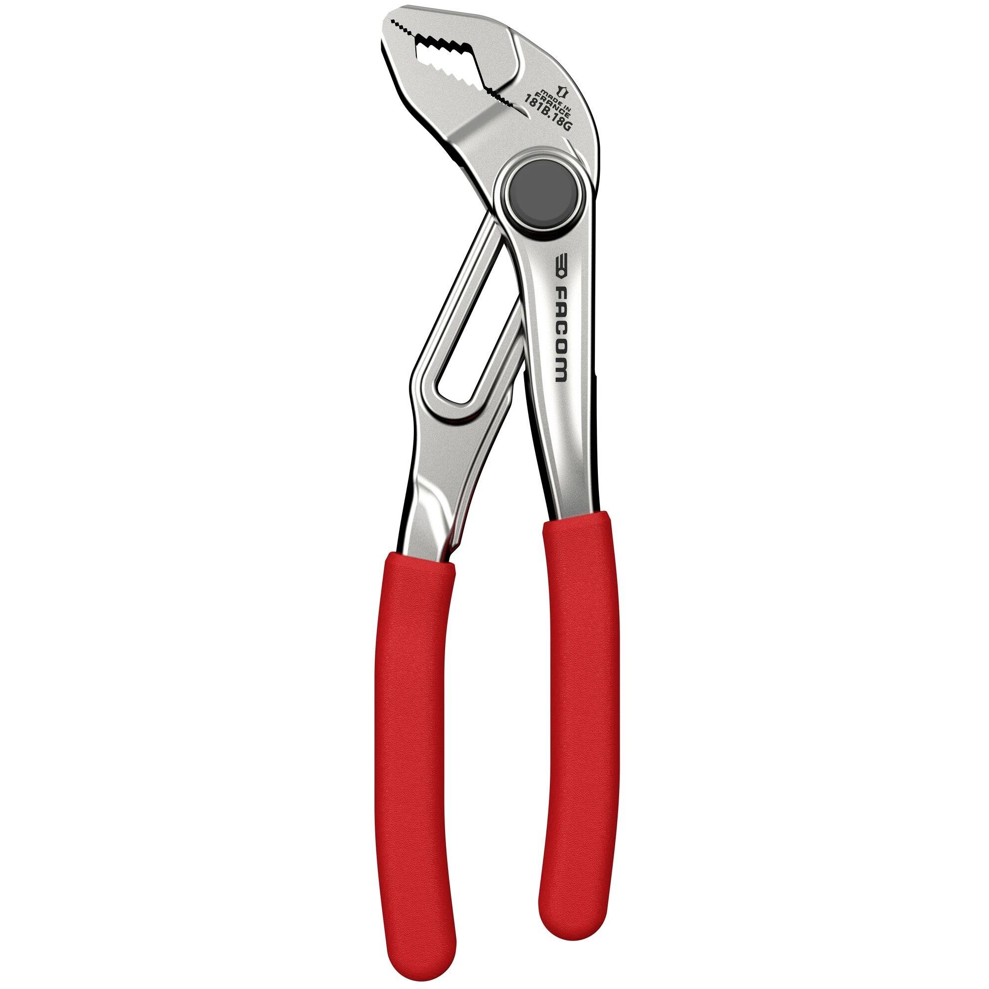 Pince ajustable à manche rouge, utilisée pour saisir des objets de différentes tailles.