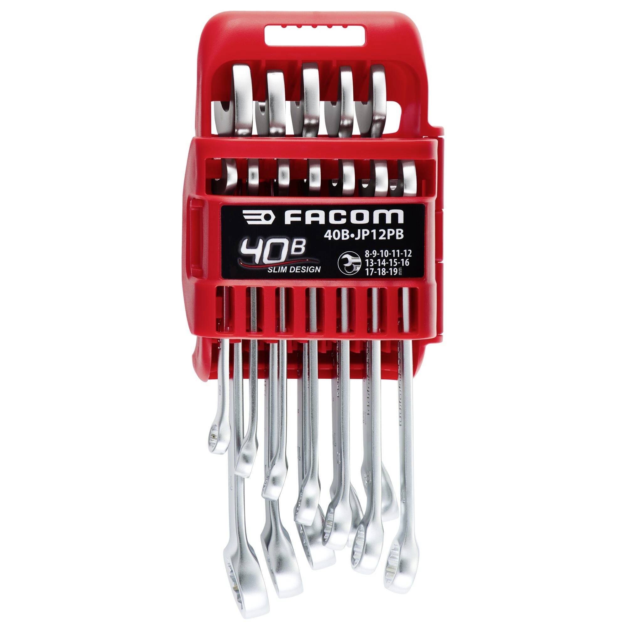 Un ensemble de clés à fourche doubles polies avec un support rouge portant la marque « Facom ». Les tailles vont de 8 à 19, conçues pour un usage fin.