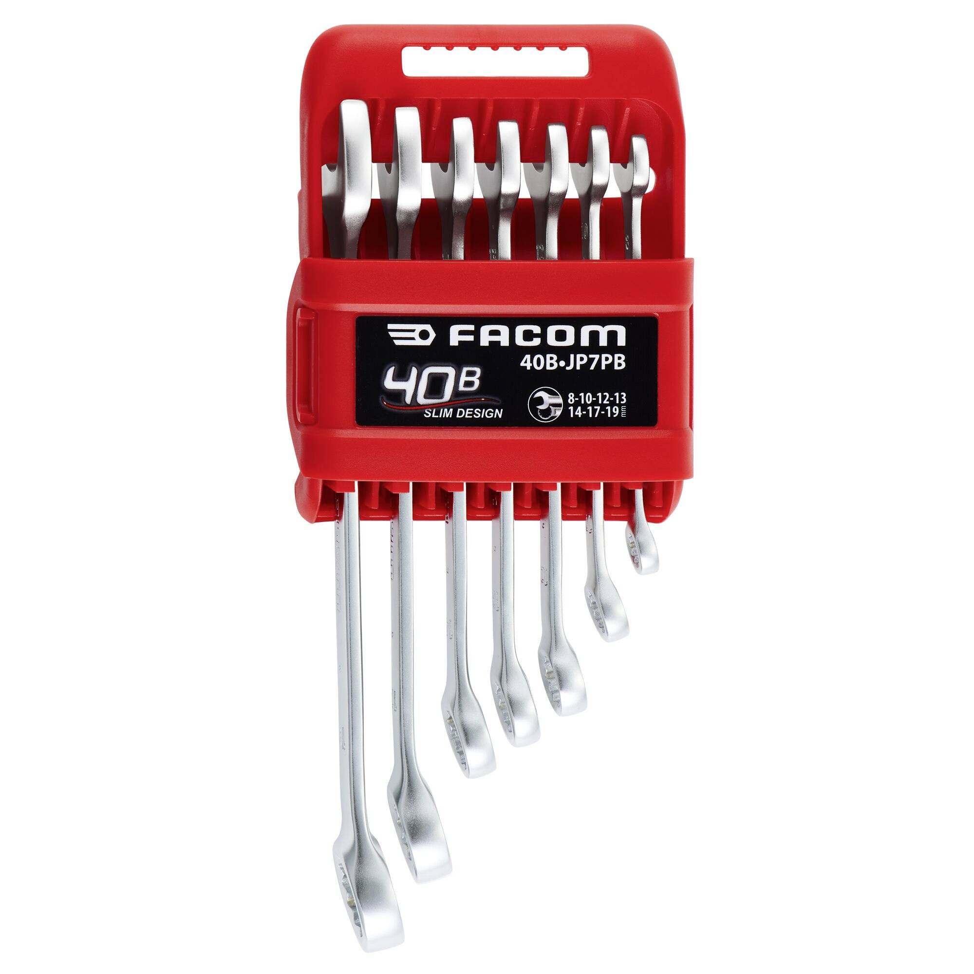 Un ensemble de huit clés Facom 40B dans un support rouge, étiqueté « Slim Design ». Les dimensions vont de 8 à 19 mm.