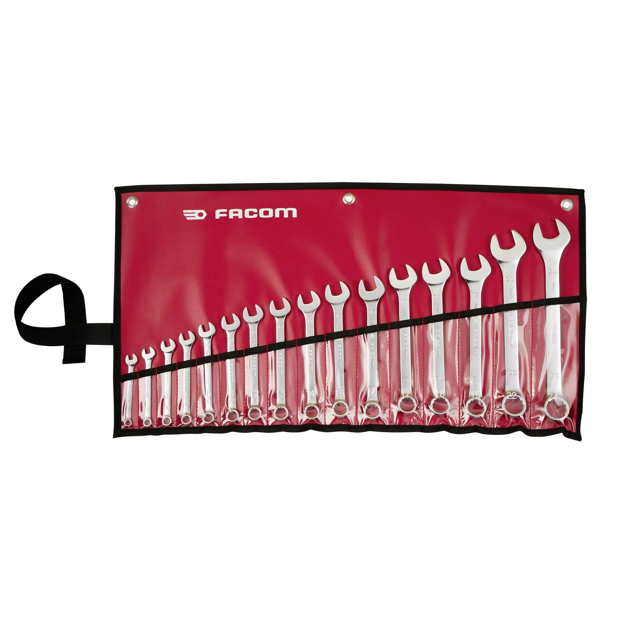 Un ensemble de 20 clés à fourche et clés mixtes de différentes tailles rangées dans un étui roulable rouge et noir marqué « FACOM » sur le devant.