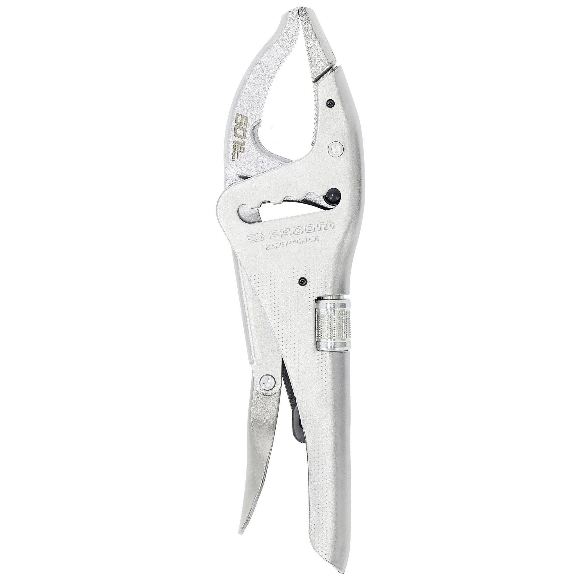 Une pince à verrouillage en argent avec une poignée ajustable et un levier de dégagement, conçue pour saisir et tourner les objets de manière sécurisée.