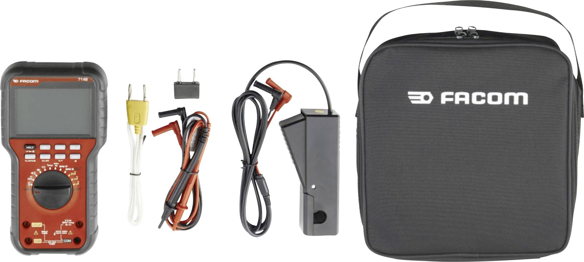 Kit de diagnostic Facom avec multimètre portatif, sondes, câbles, adaptateur d'alimentation et mallette de transport sur fond blanc.