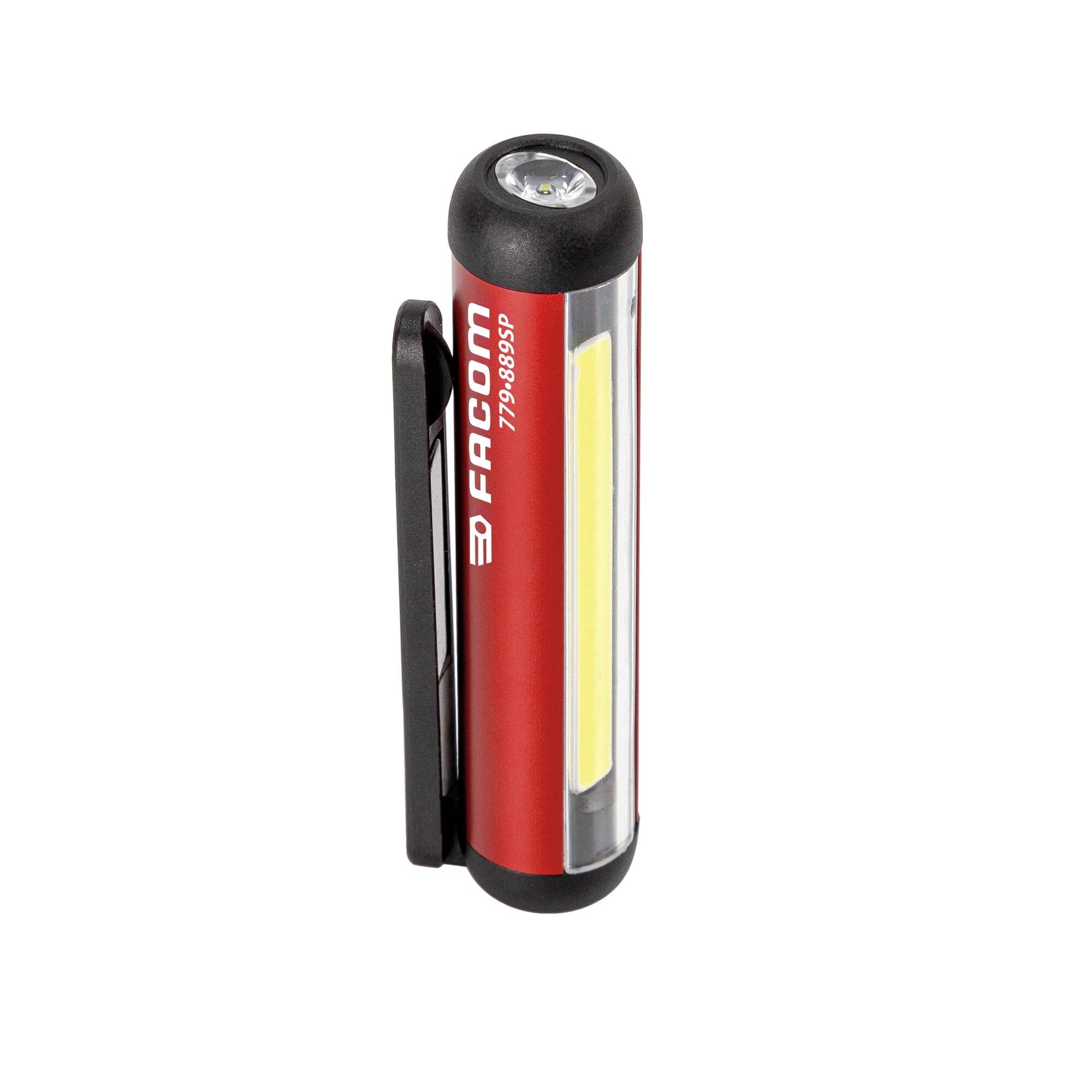 Une lampe d'inspection LED de poche rouge et noire avec clip et marquage de marque.