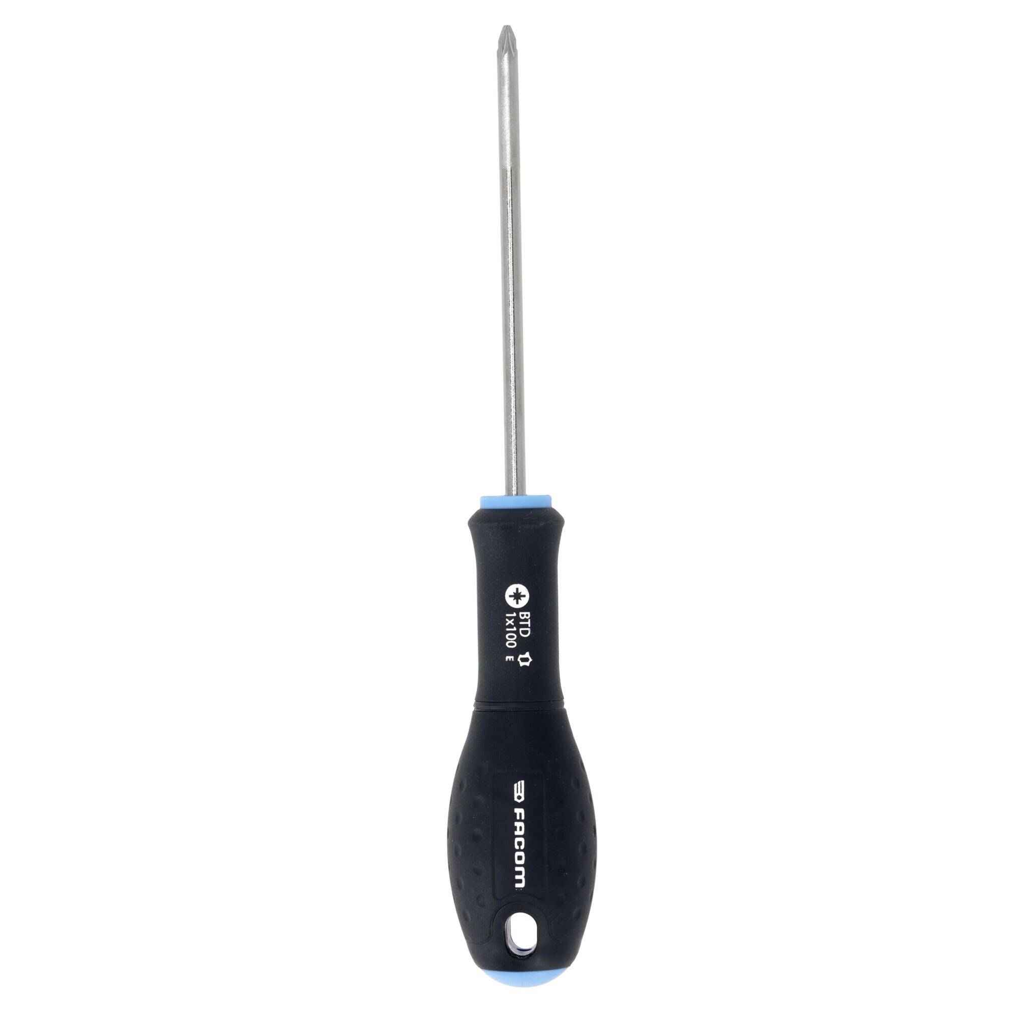 A black and blue screwdriver with a long metal shaft and rubber handle is shown, branded 'Facom'.
