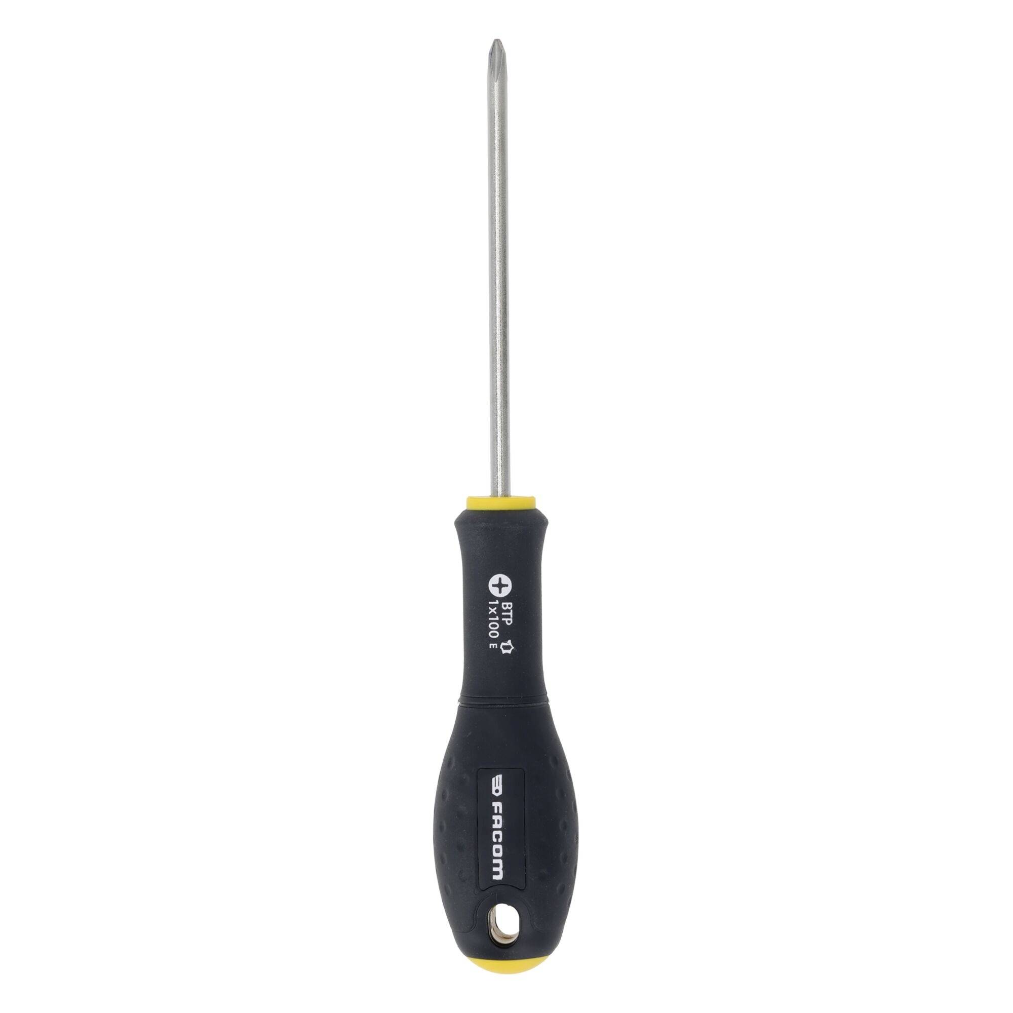 A black and yellow-handled screwdriver with a Phillips head, designed for screw driving tasks. The handle is ergonomic for better grip.
