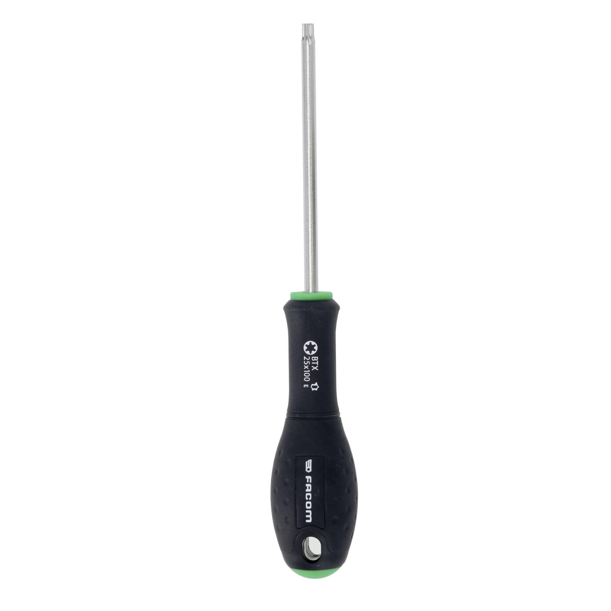 Un tournevis Torx avec un manche noir et vert, doté d'une tige métallique, sur un fond blanc uni.