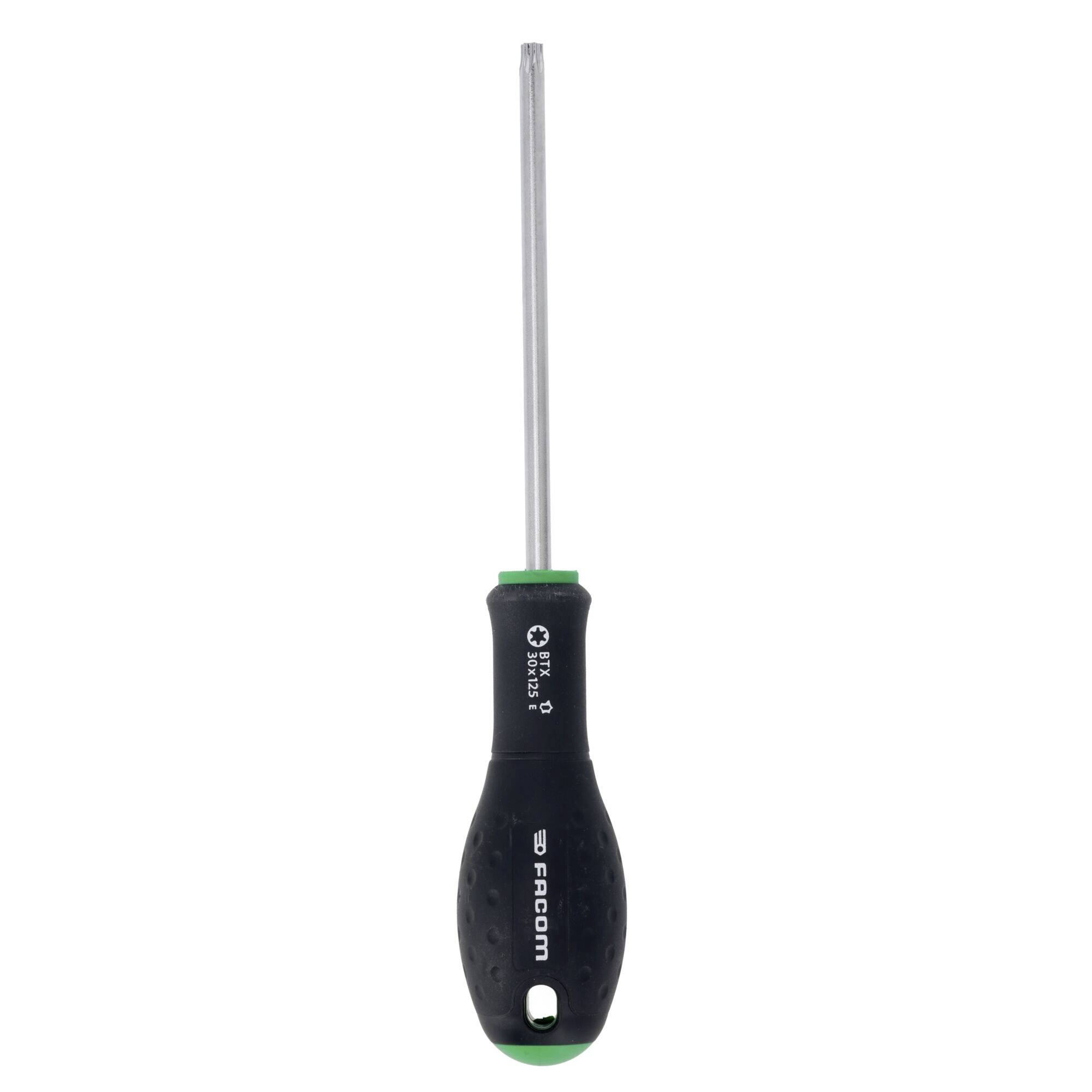 Un tournevis avec un manche noir et des détails verts, doté d'une pointe en forme d'étoile. Convient pour les vis Torx et les travaux de précision.