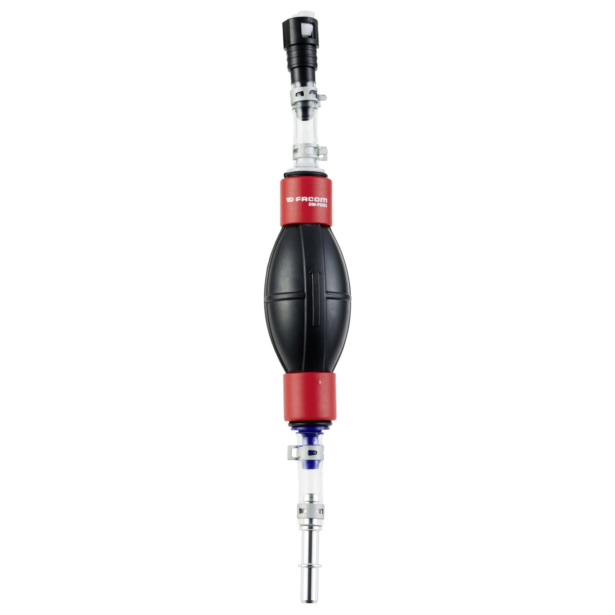 Pompe d'aspiration d'huile Facom avec une ampoule noire et rouge et plusieurs buses, utilisée pour extraire ou transférer des fluides automobiles.