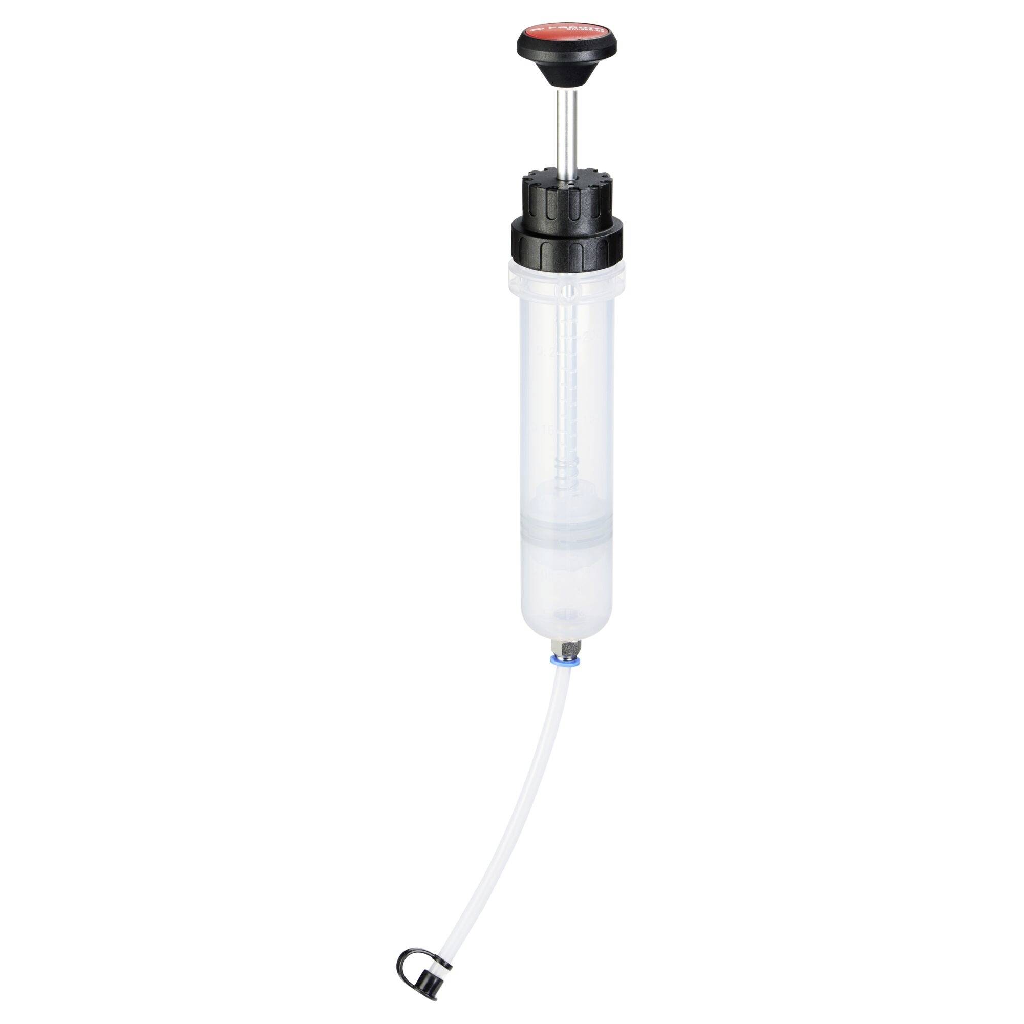 Un extracteur de fluide manuel avec une chambre transparente et un manche de pompe noir et rouge, équipé d'un tuyau flexible fixé au fond.