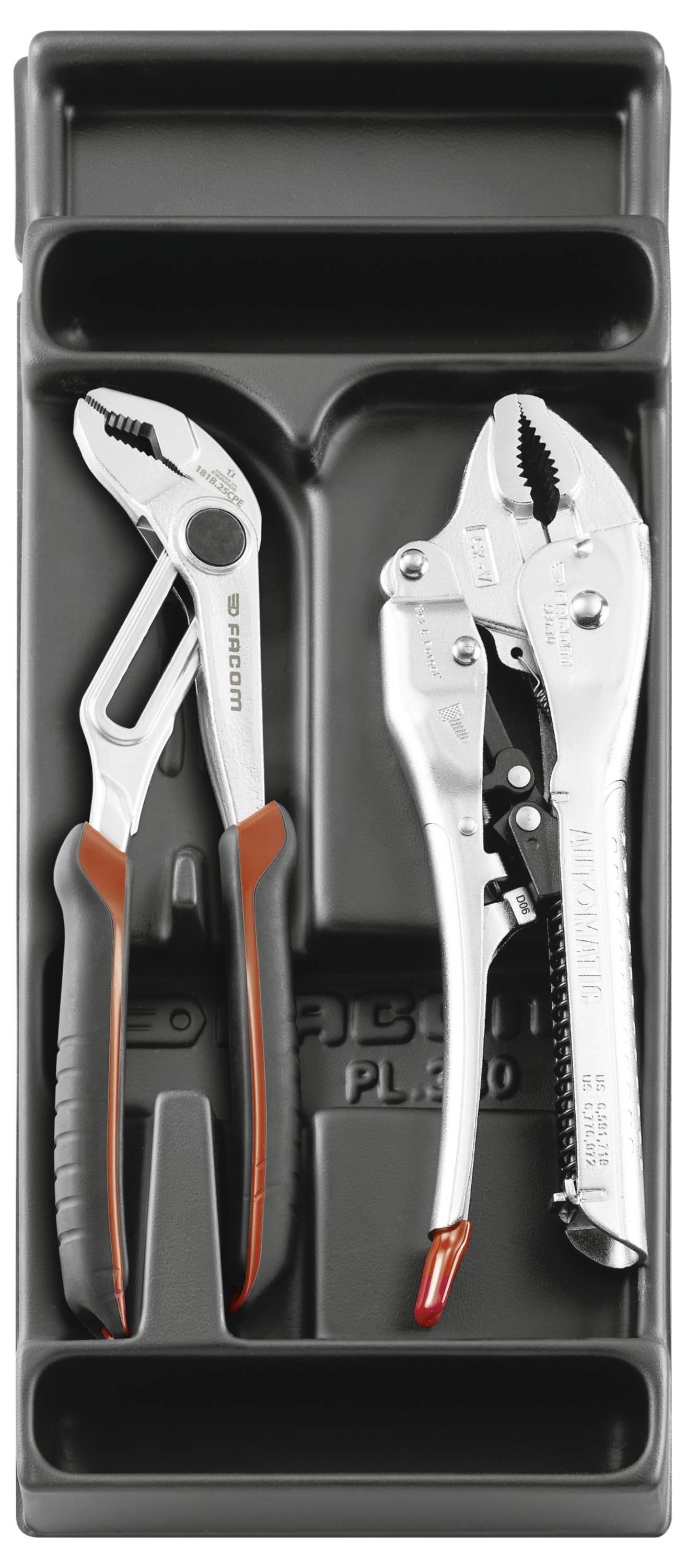 Plateau d'outils avec deux pinces verrouillables dans un étui noir moulé, une argentée avec des poignées noir et orange et une blanche avec des pointes rouges.