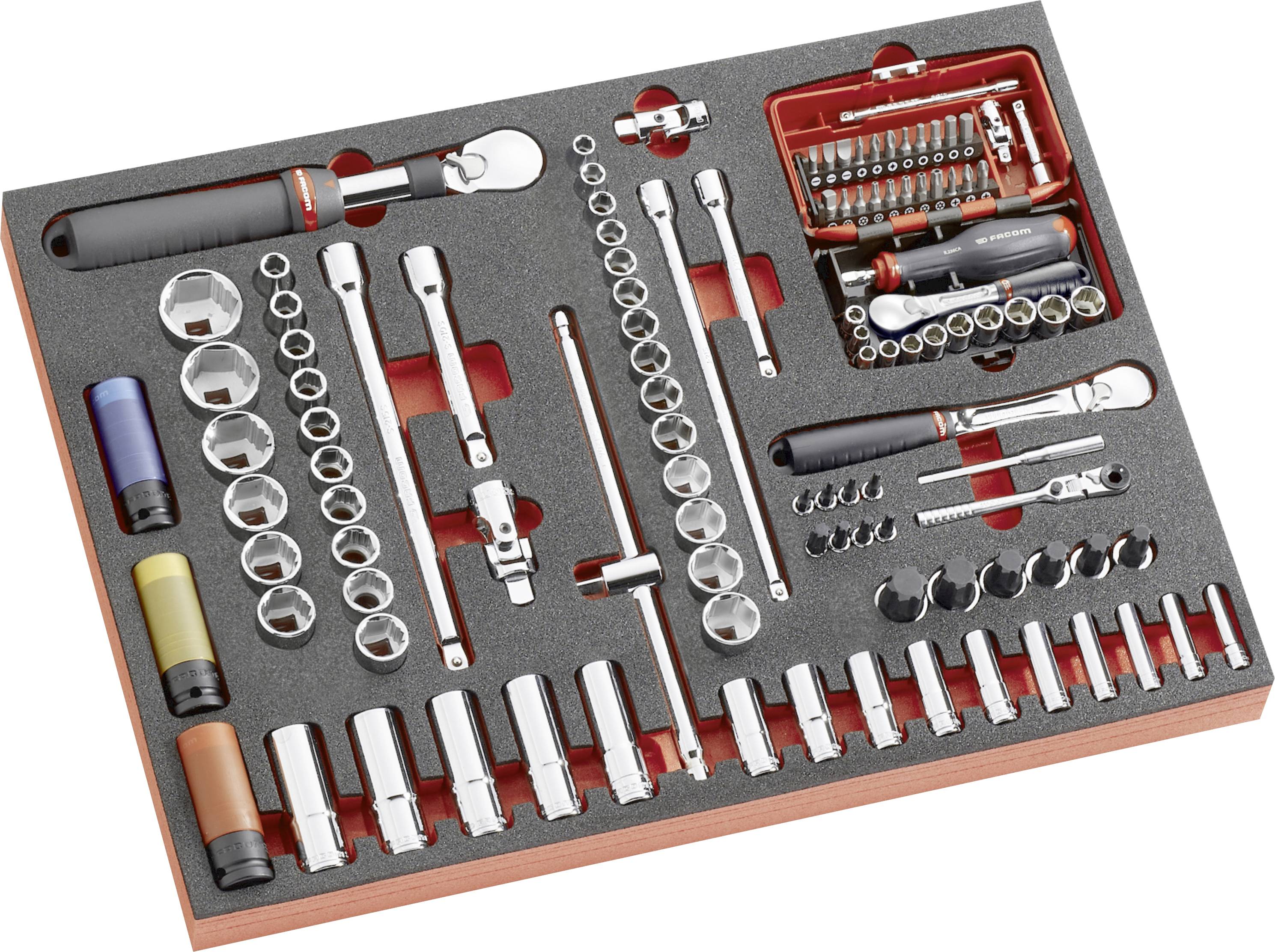 Plateau organisateur en mousse pour outils avec clés à douille assorties, cliquet, rallonges, embouts et manches de tournevis soigneusement arrangés dans des emplacements étiquetés.