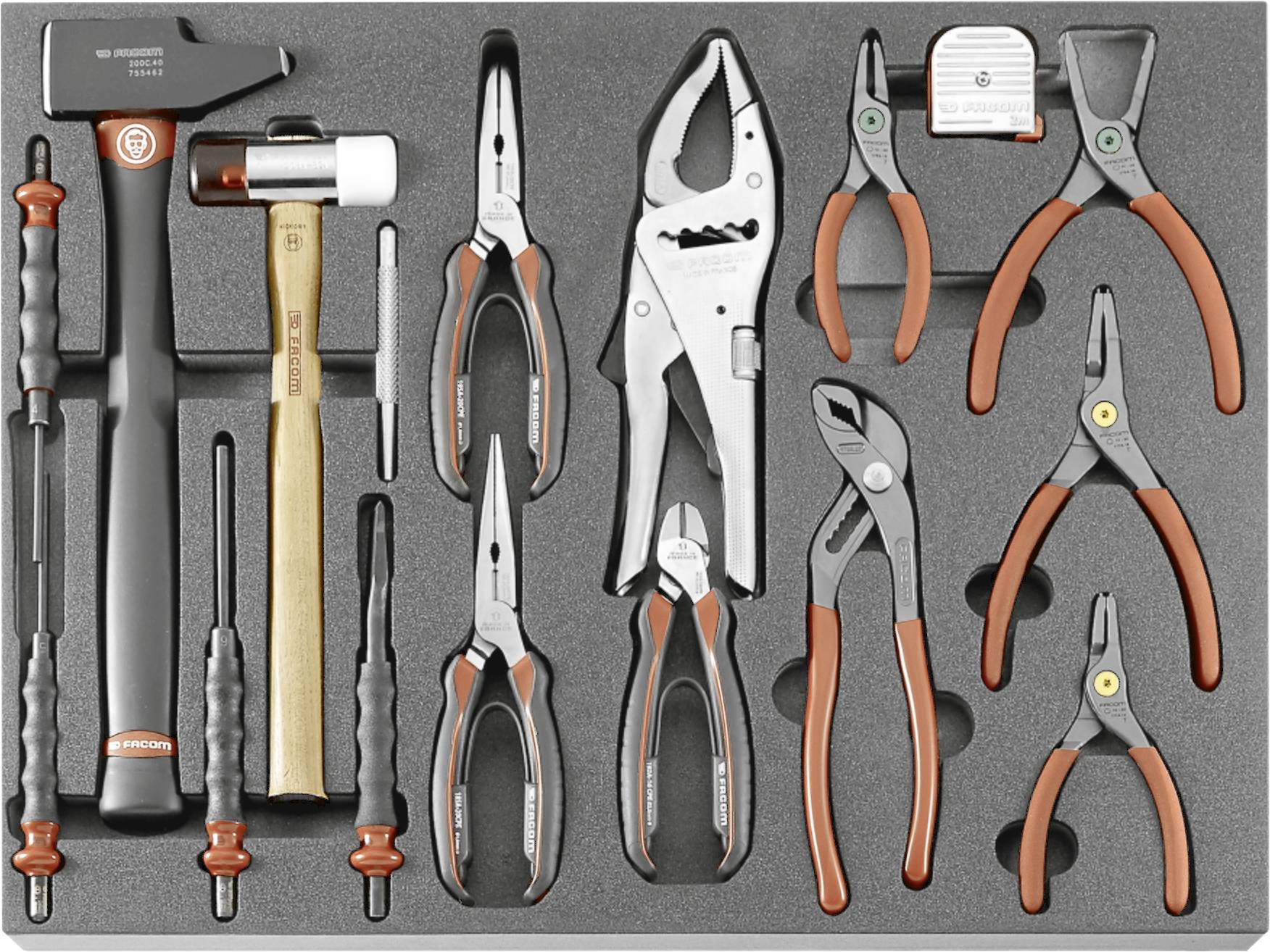 Plateau à outils en mousse avec assortiment d'outils à main, comprenant des marteaux, des tournevis, des pinces, des coupe-fils et des pinces verrouillables, soigneusement organisés dans des découpes.