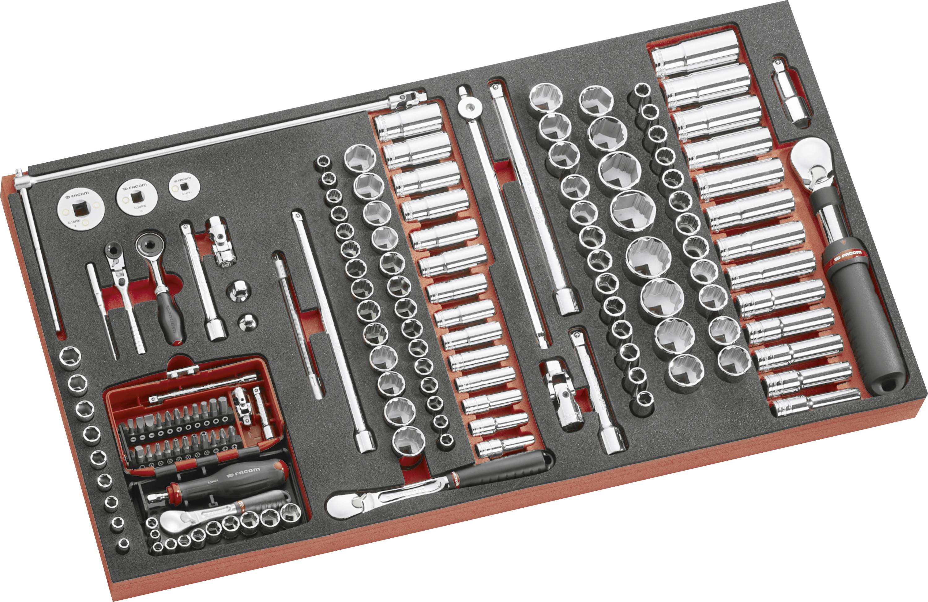 Assortiment de clés à douille et d'outils tournevis organisés dans un étui doublé de mousse.
