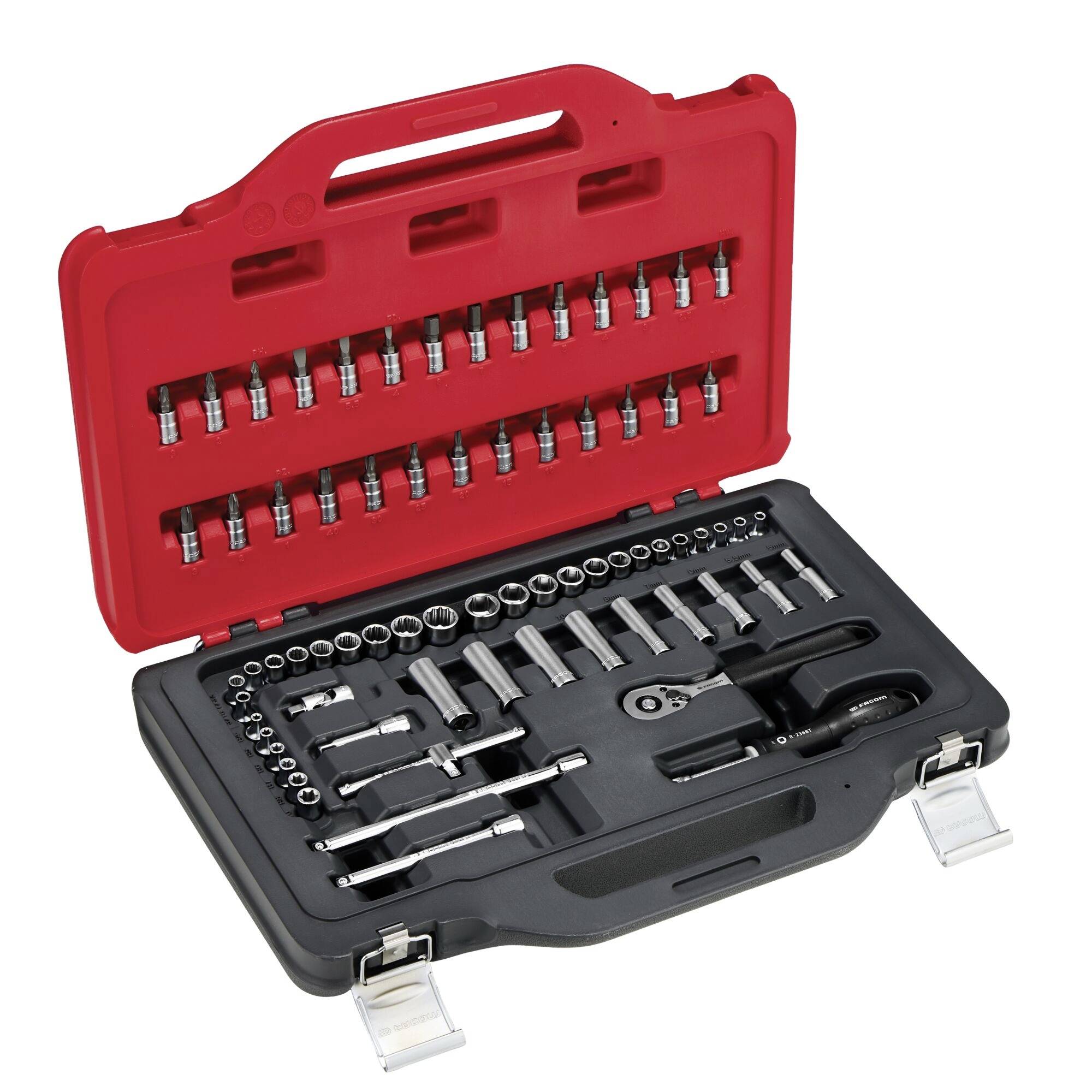 A red and black toolbox open to display a complete socket wrench set with different sizes of sockets and a ratchet handle.