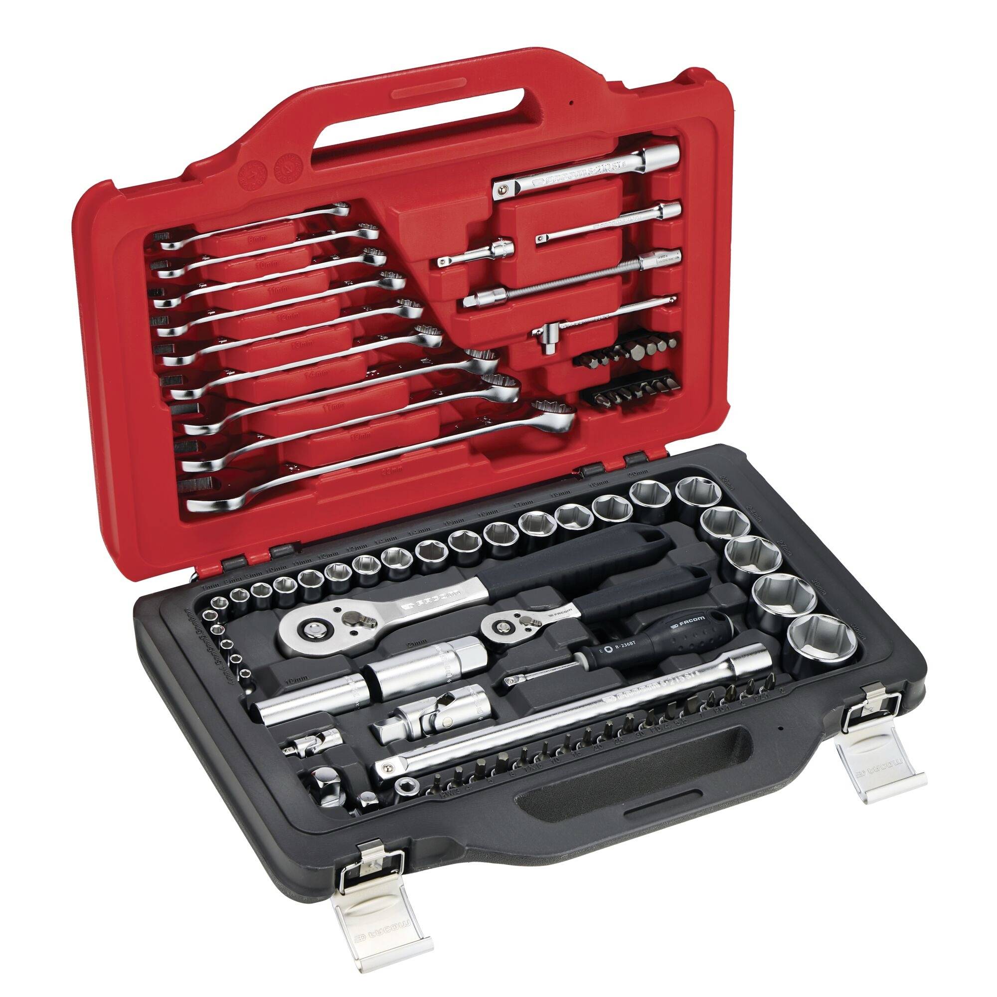 Une boîte à outils en plastique ouverte pour afficher un ensemble organisé de clés, de cliquet et de douilles de différentes tailles, avec un couvercle rouge et une base noire.
