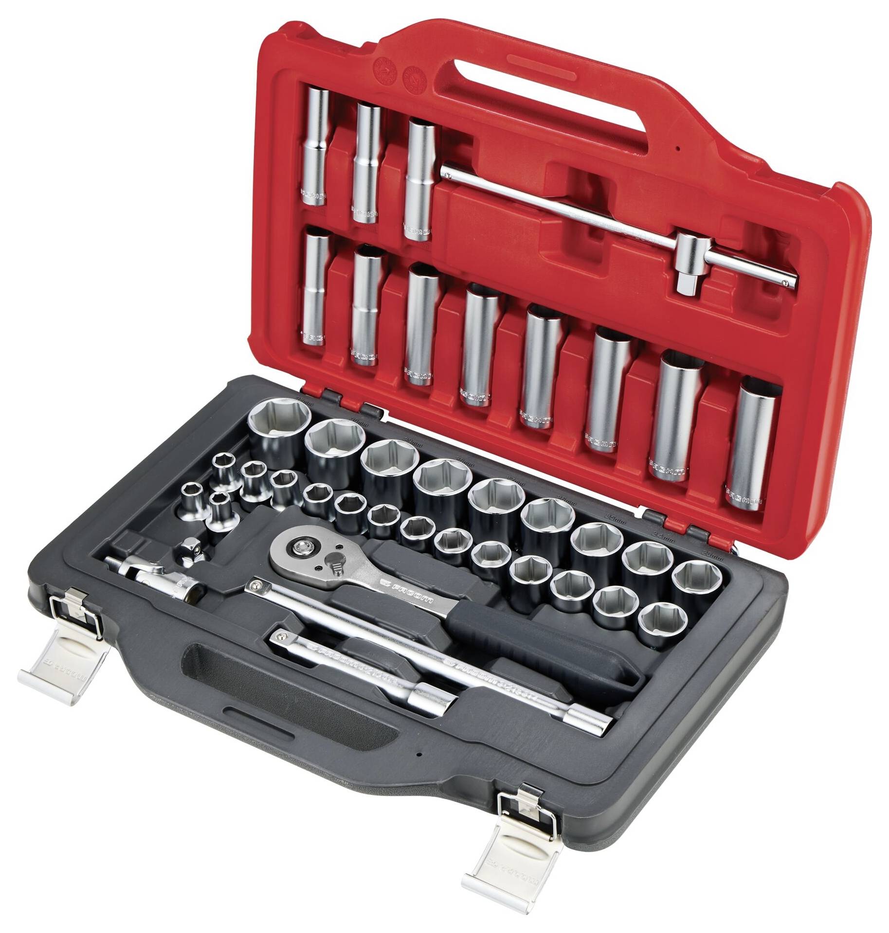 A socket wrench set with various sockets and handles in a red and black plastic case.