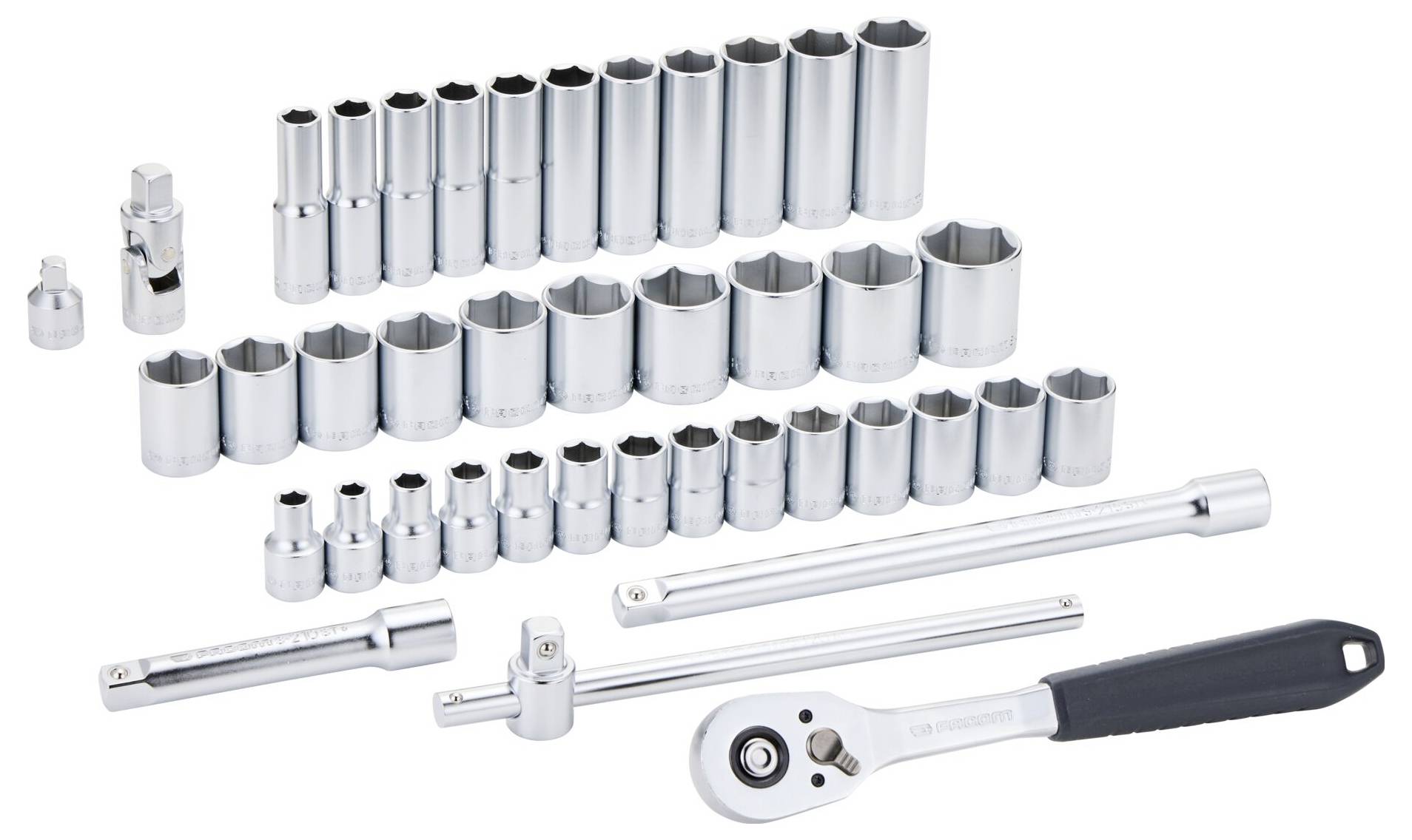 A comprehensive set of socket wrenches and attachments, including different sized sockets, a ratchet handle, and extension bars.