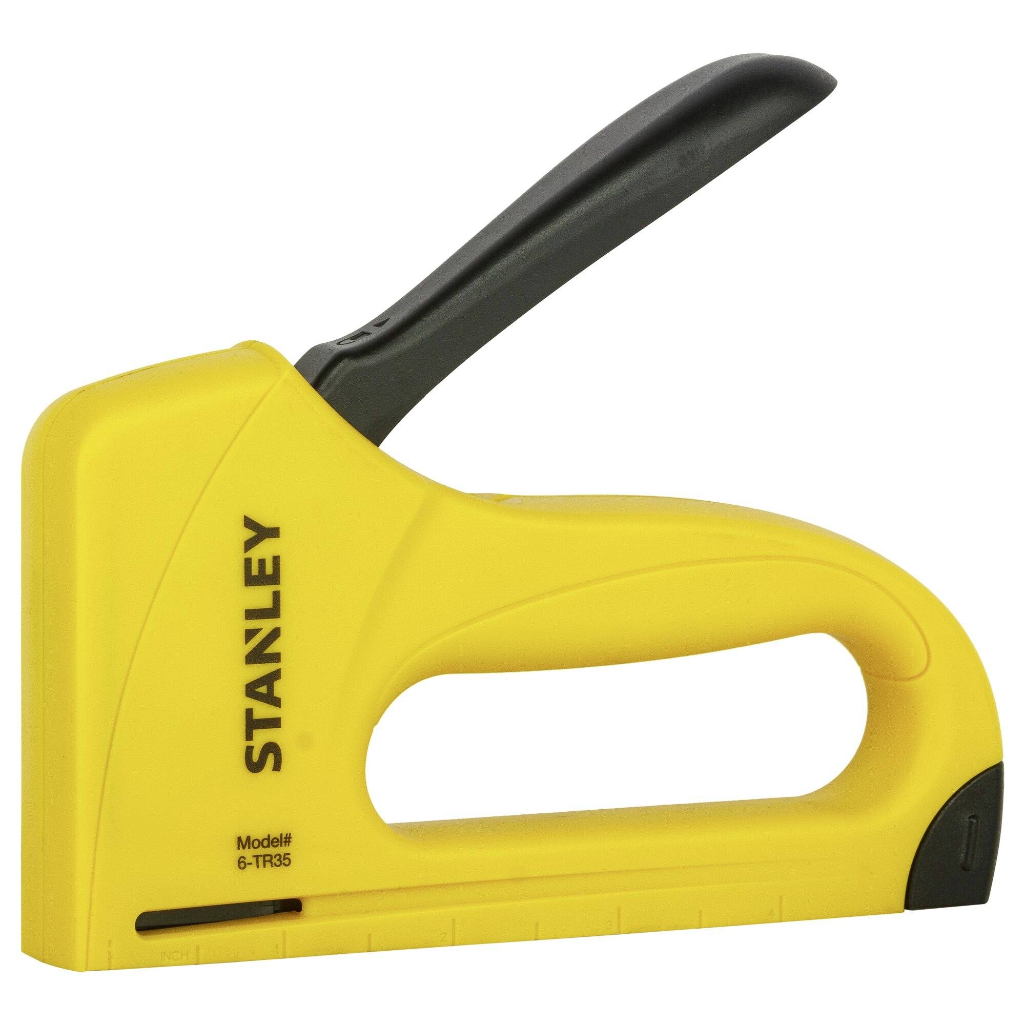 Une agrafeuse à main jaune vif de Stanley, modèle 6-TR35, avec un manche noir, utilisée pour attacher des matériaux avec des agrafes.