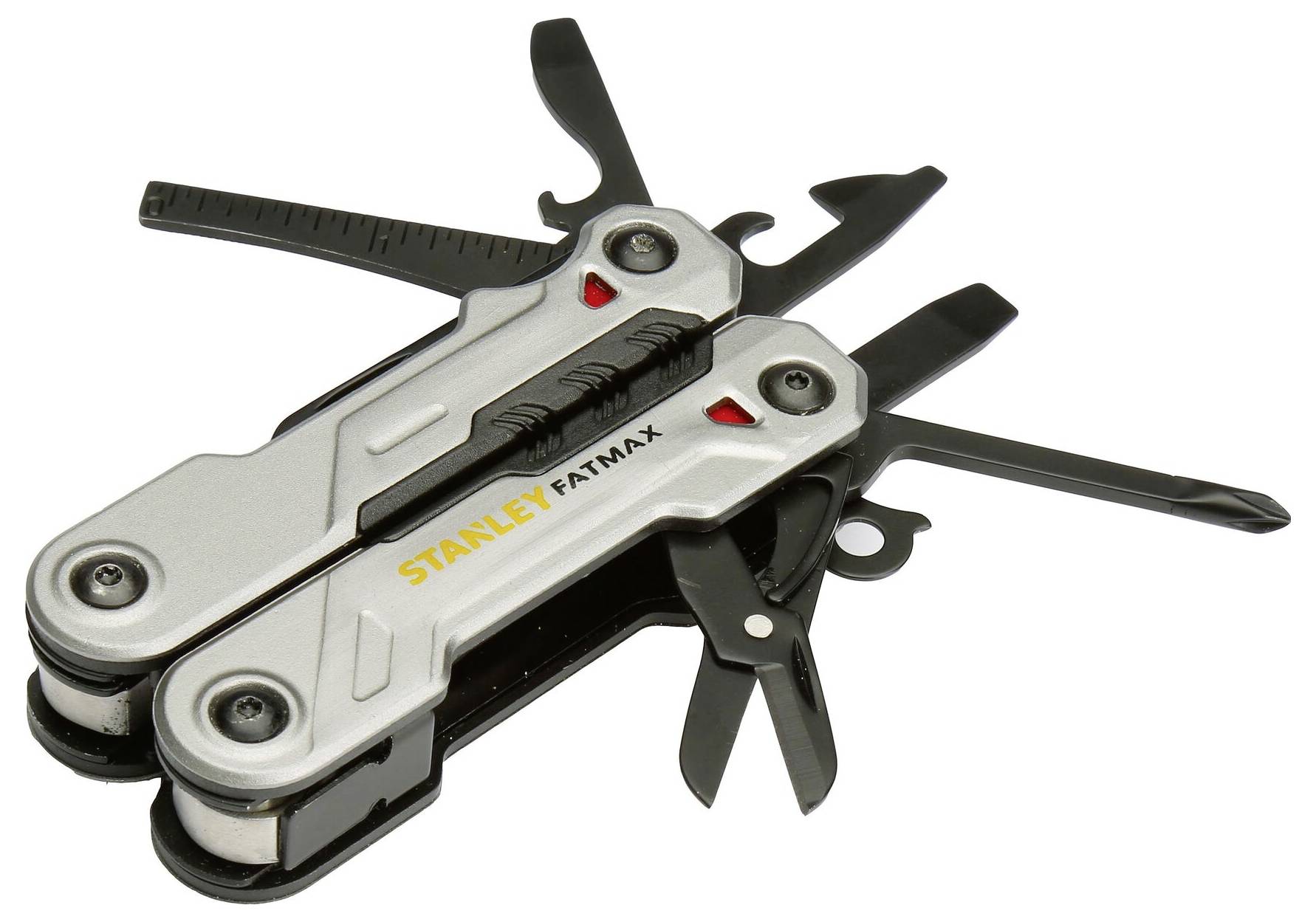 A compact steel multi-tool with various extended instruments, including a ruler, knife, and screwdriver, branded 'Stanley Fatmax'.