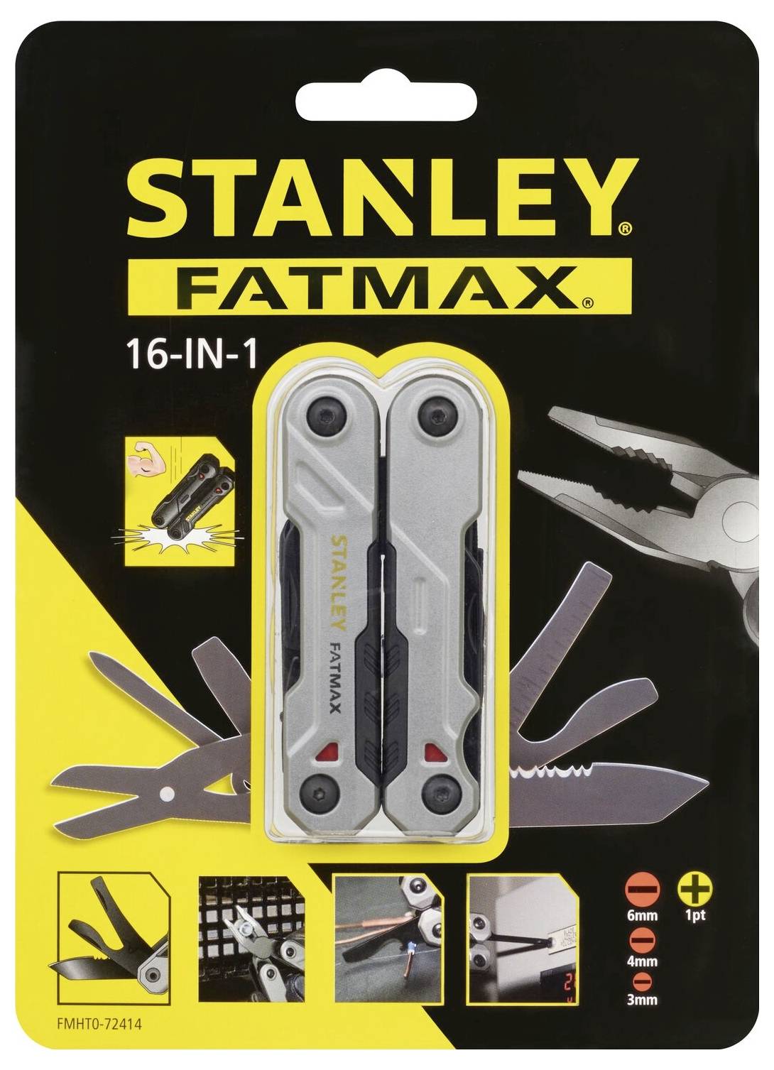 Ensemble 'Stanley Fatmax multi-outil 16-en-1' montrant des pinces, des couteaux, des tournevis et d'autres outils ; comprend les spécifications de taille d'article.