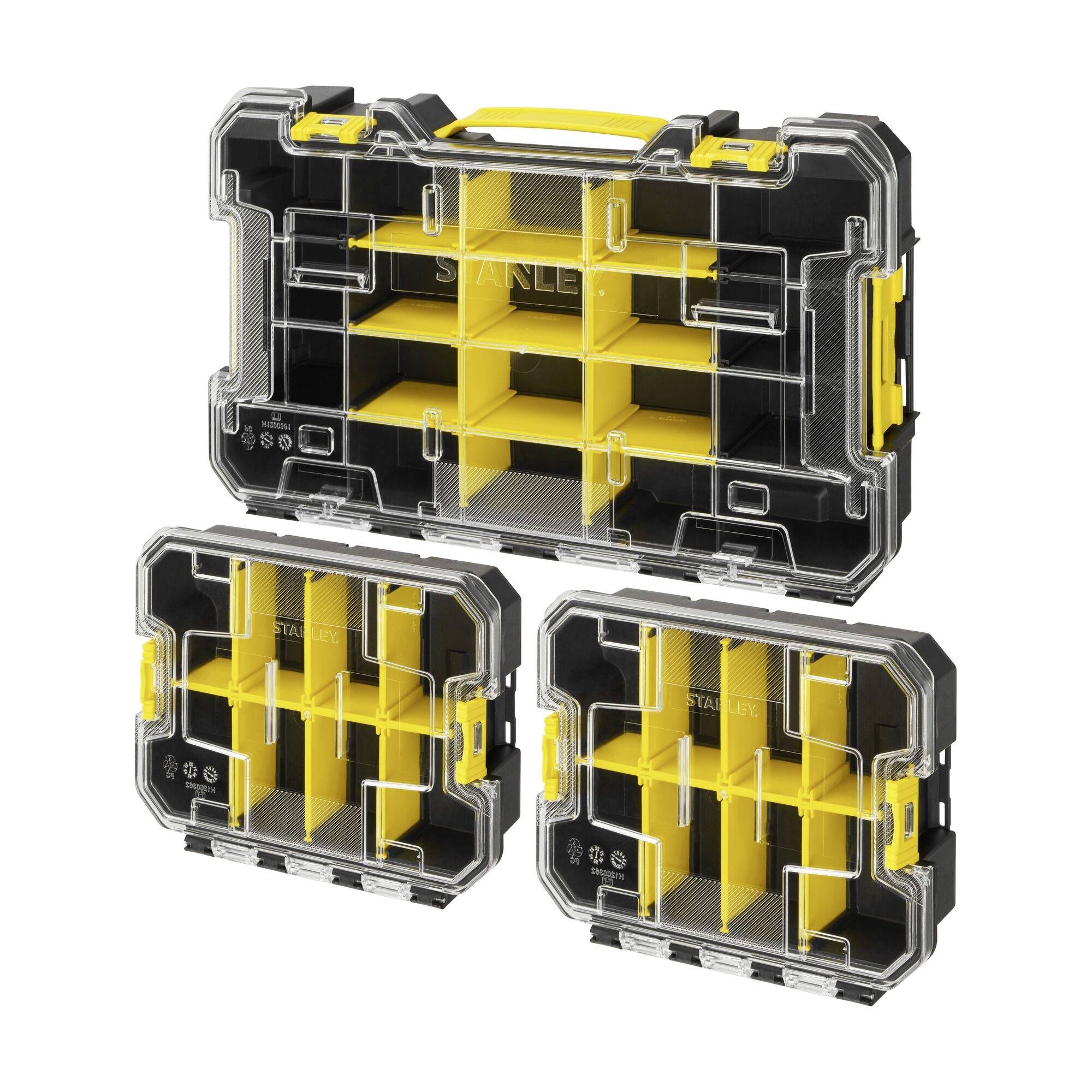 Un ensemble de trois boîtes de rangement transparentes avec des séparateurs jaunes, utilisé pour organiser les outils ou les petits objets, d'une marque d'outils bien connue.