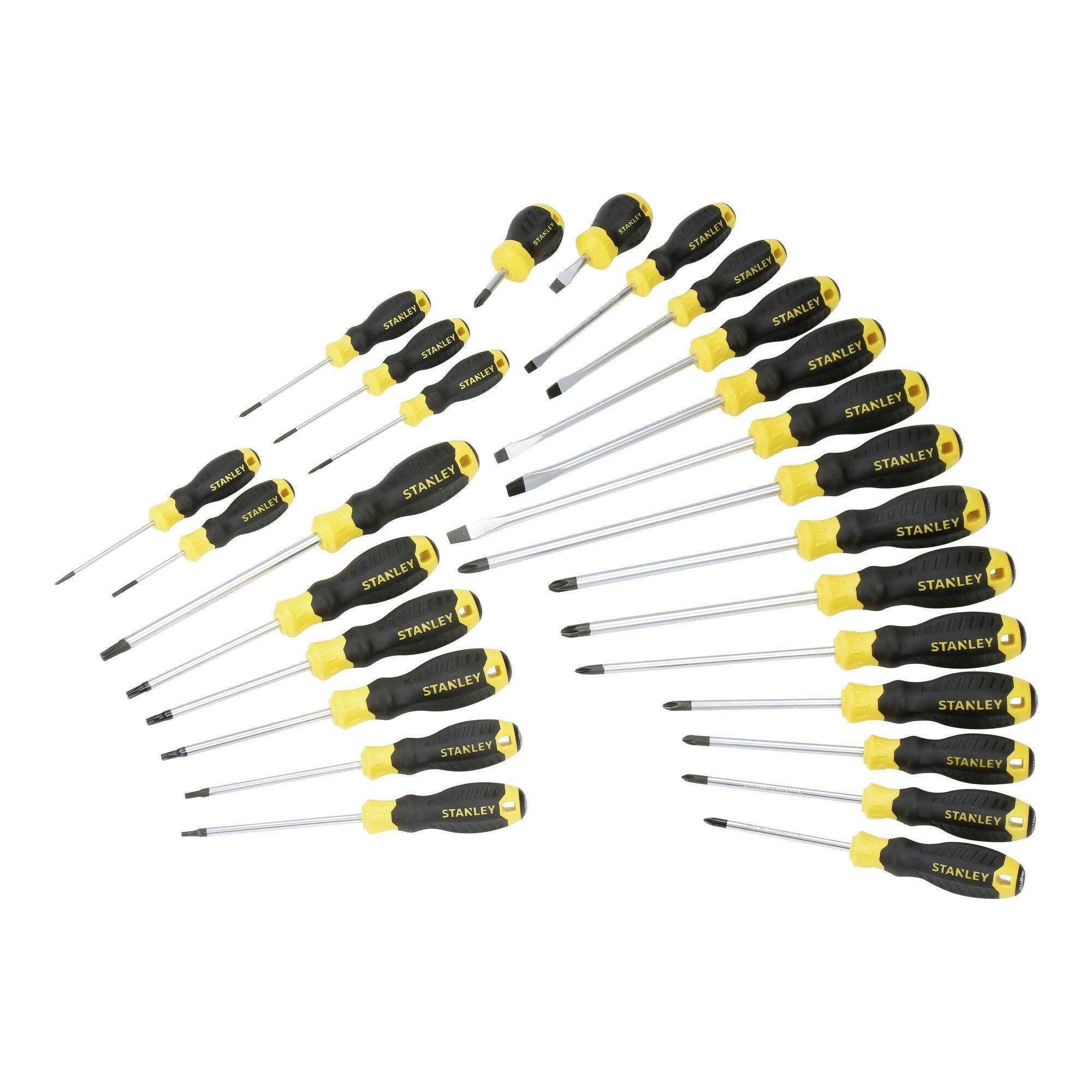 Ensemble de 34 tournevis Stanley disposés selon un motif, présentant diverses tailles et types avec des manches noirs et jaunes.