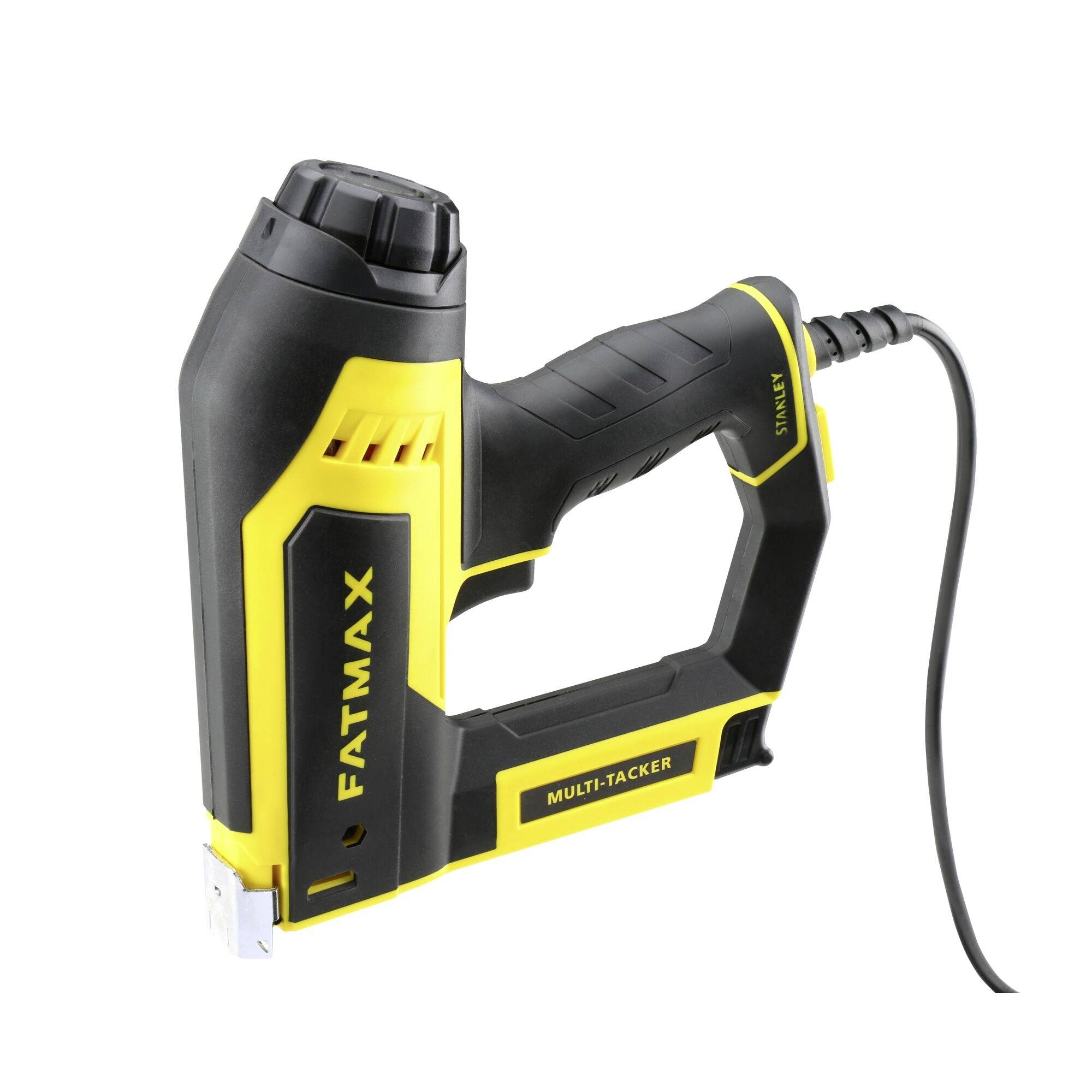 Un pistolet à agrafes électrique noir et jaune portant l'étiquette « Fatmax » avec un cordon, présentant une poignée ergonomique et le texte « Multi-tacker ».