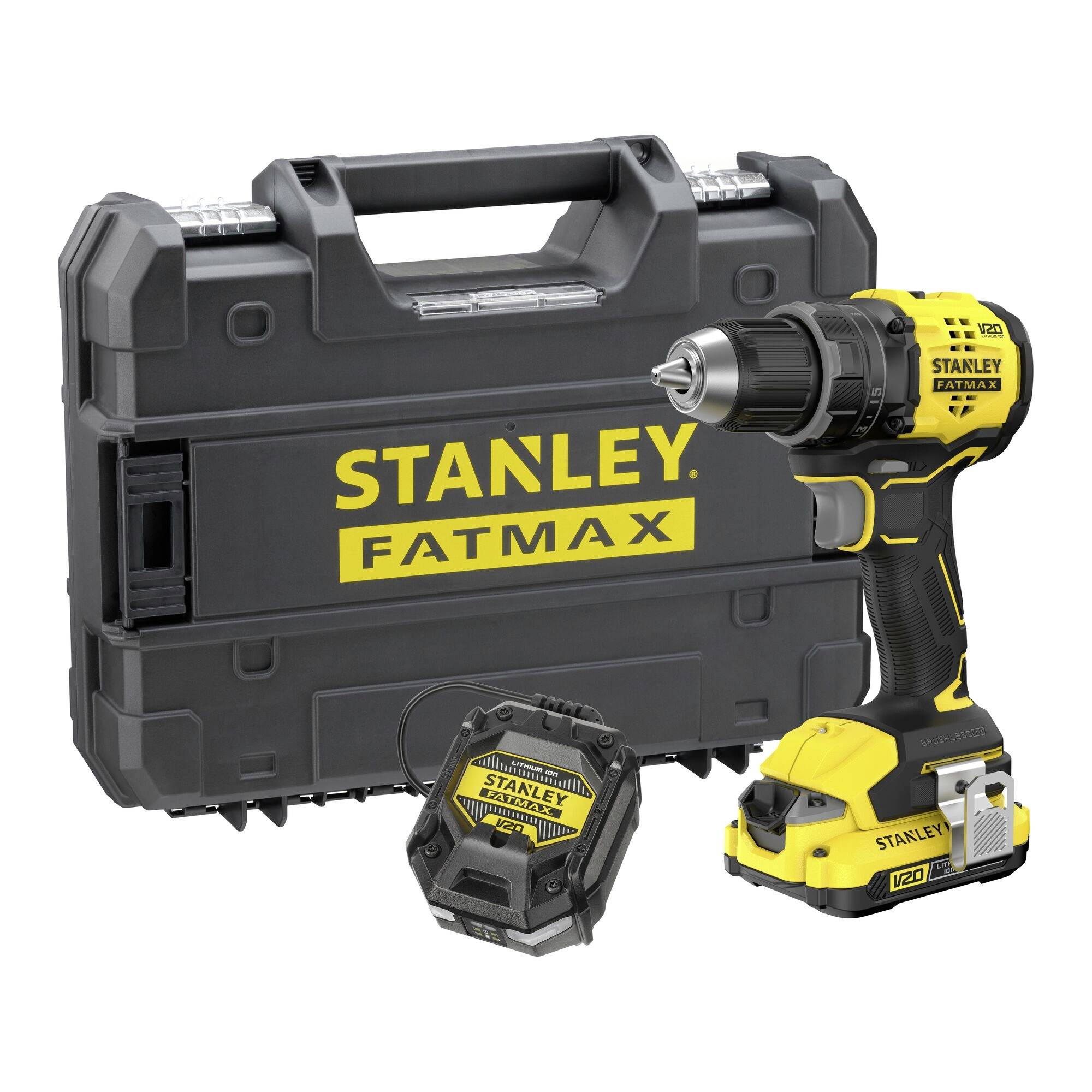 Ensemble de perceuse sans fil présentant une perceuse jaune et noire, une batterie et un étui de transport noir avec la marque « Stanley FatMax ».