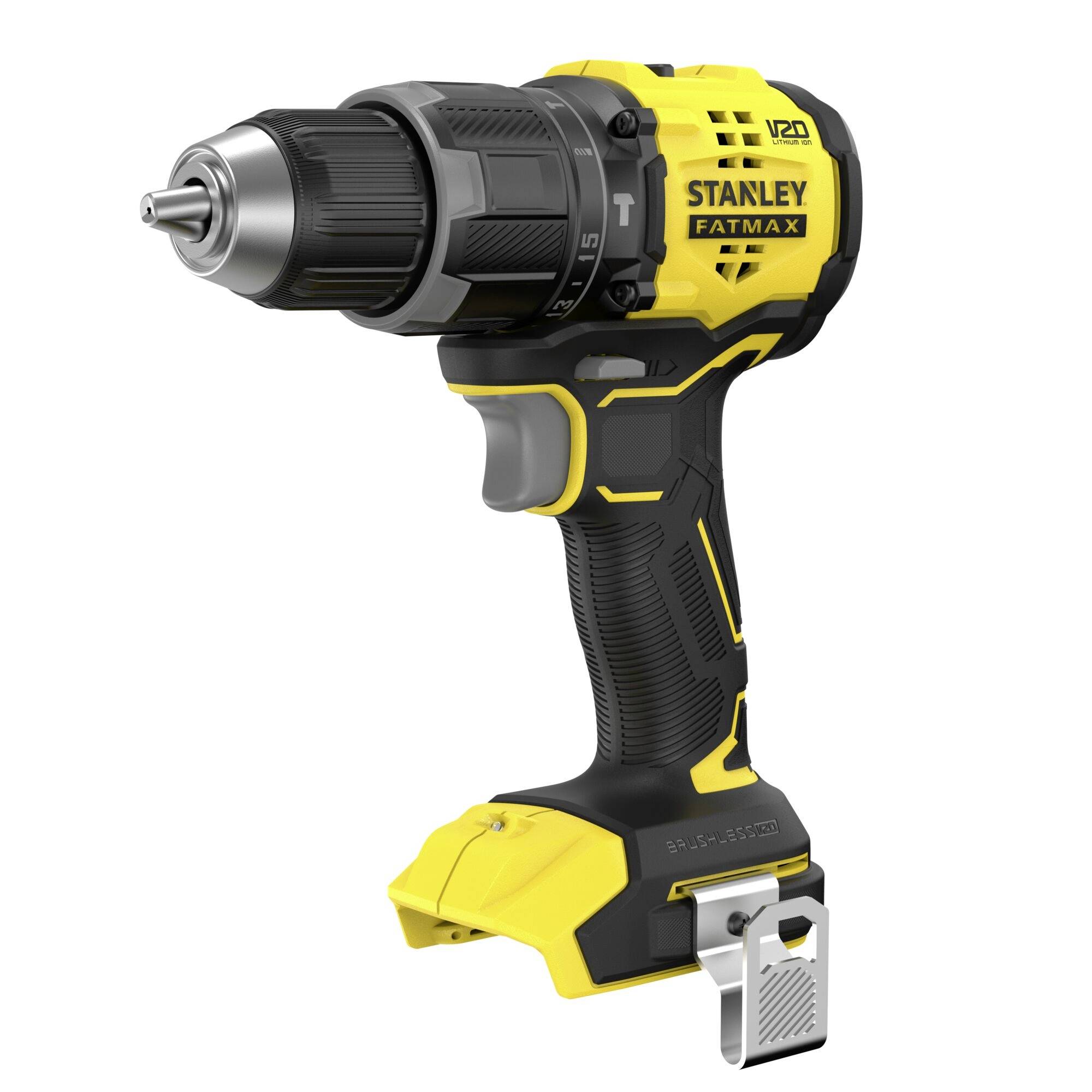 Un perceuse-visseuse sans fil jaune et noir étiquetée « Stanley Fatmax » avec marquage « 18V », dotée d'un mandrin sans clé et d'une poignée ergonomique.