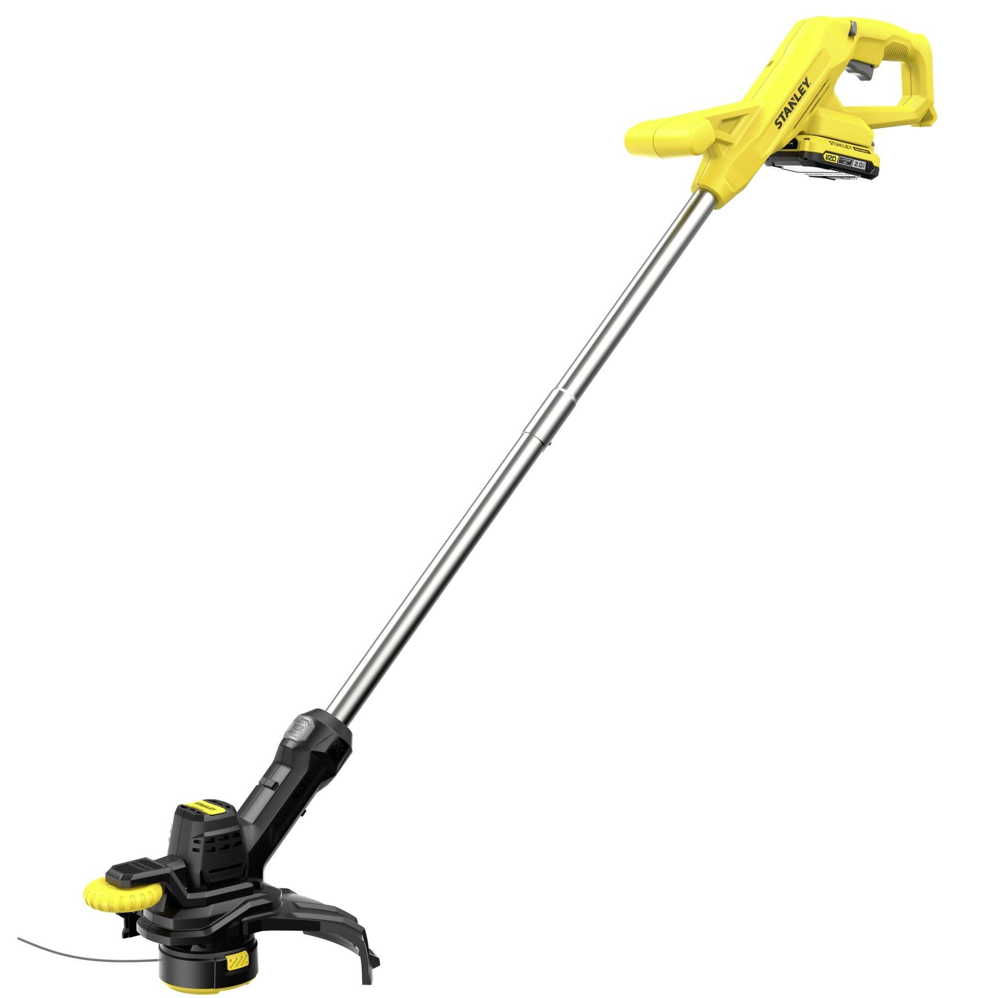 Un coupe-herbe électrique sans fil jaune et noir avec un long arbre métallique et une poignée ergonomique, conçu pour l'entretien du jardin et de la pelouse.