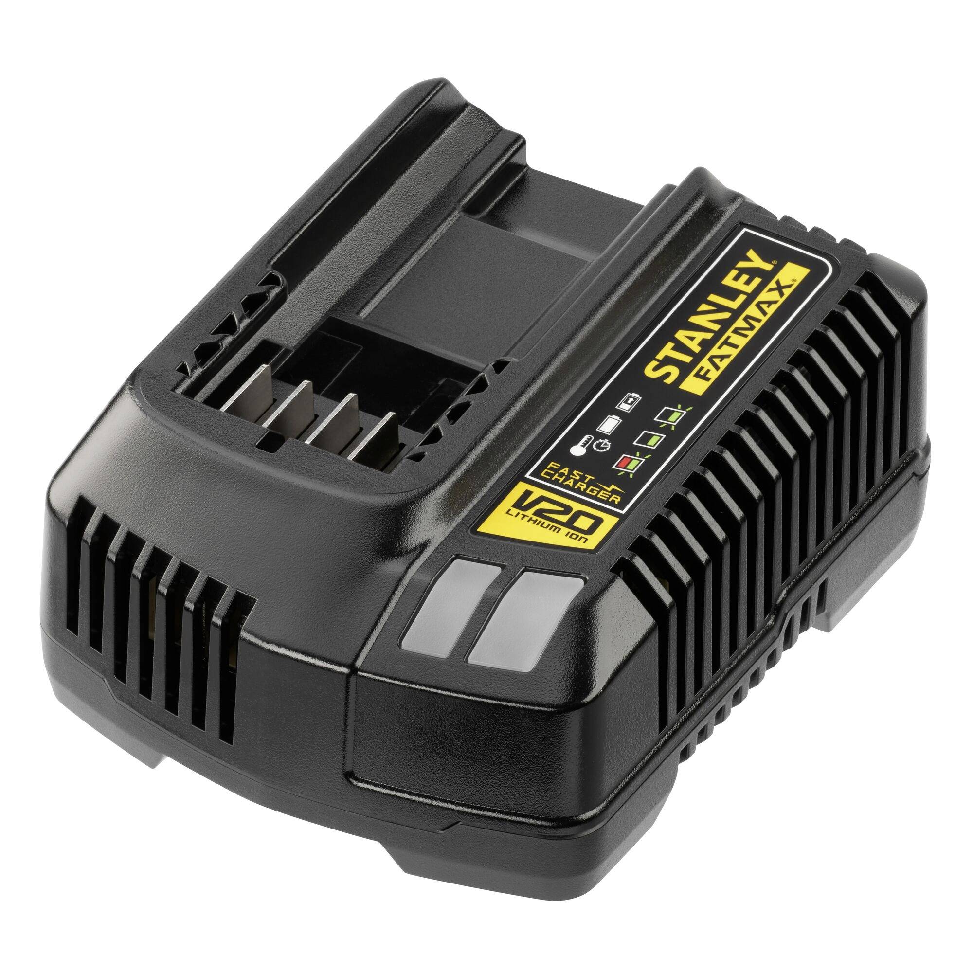 Chargeur de batterie Stanley FatMax avec indicateurs « 12V » et « 20V », compatible avec les batteries V20 Li-Ion, doté de bouches de refroidissement.