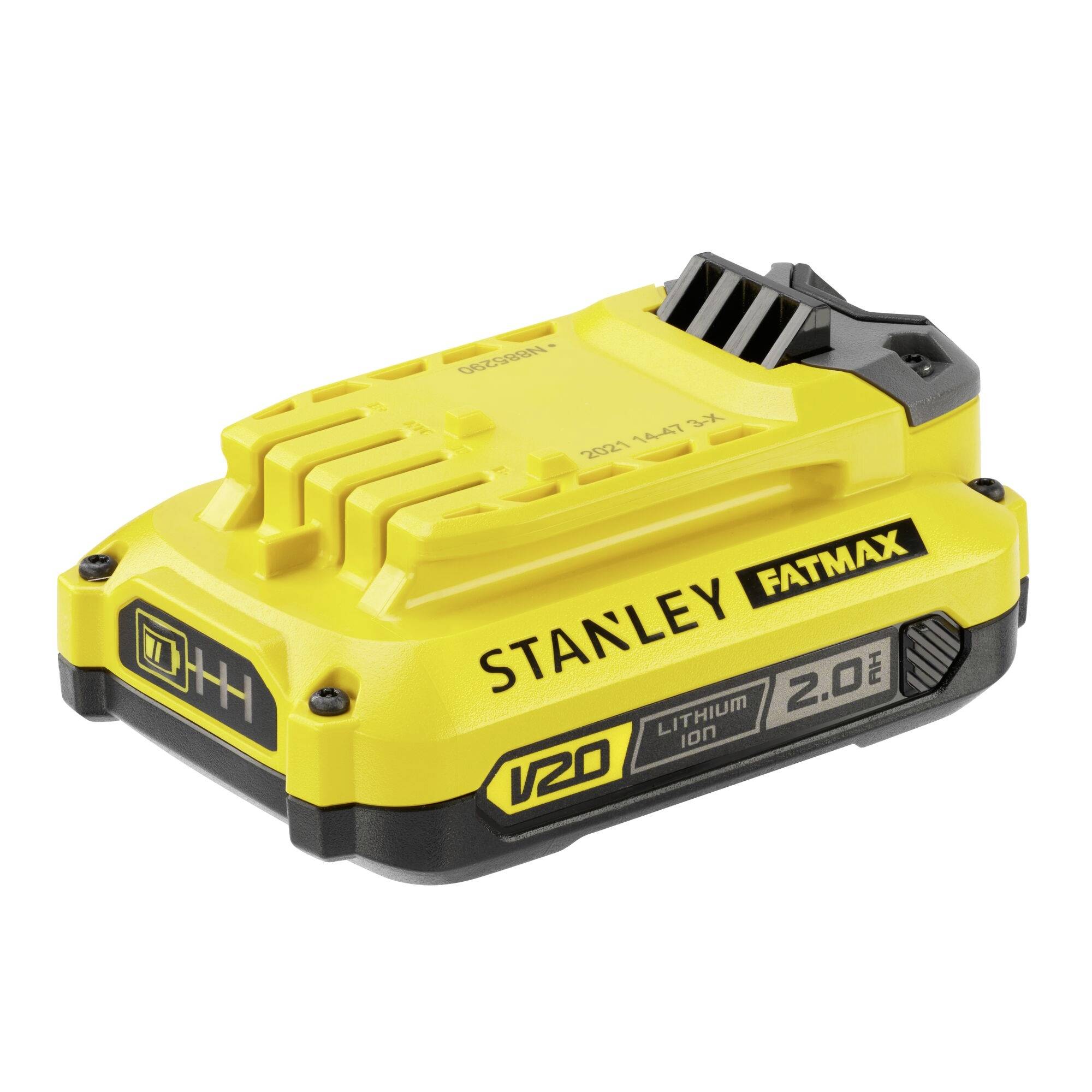 Une batterie lithium-ion jaune « Stanley Fatmax » V20 2.0Ah destinée aux outils électriques.