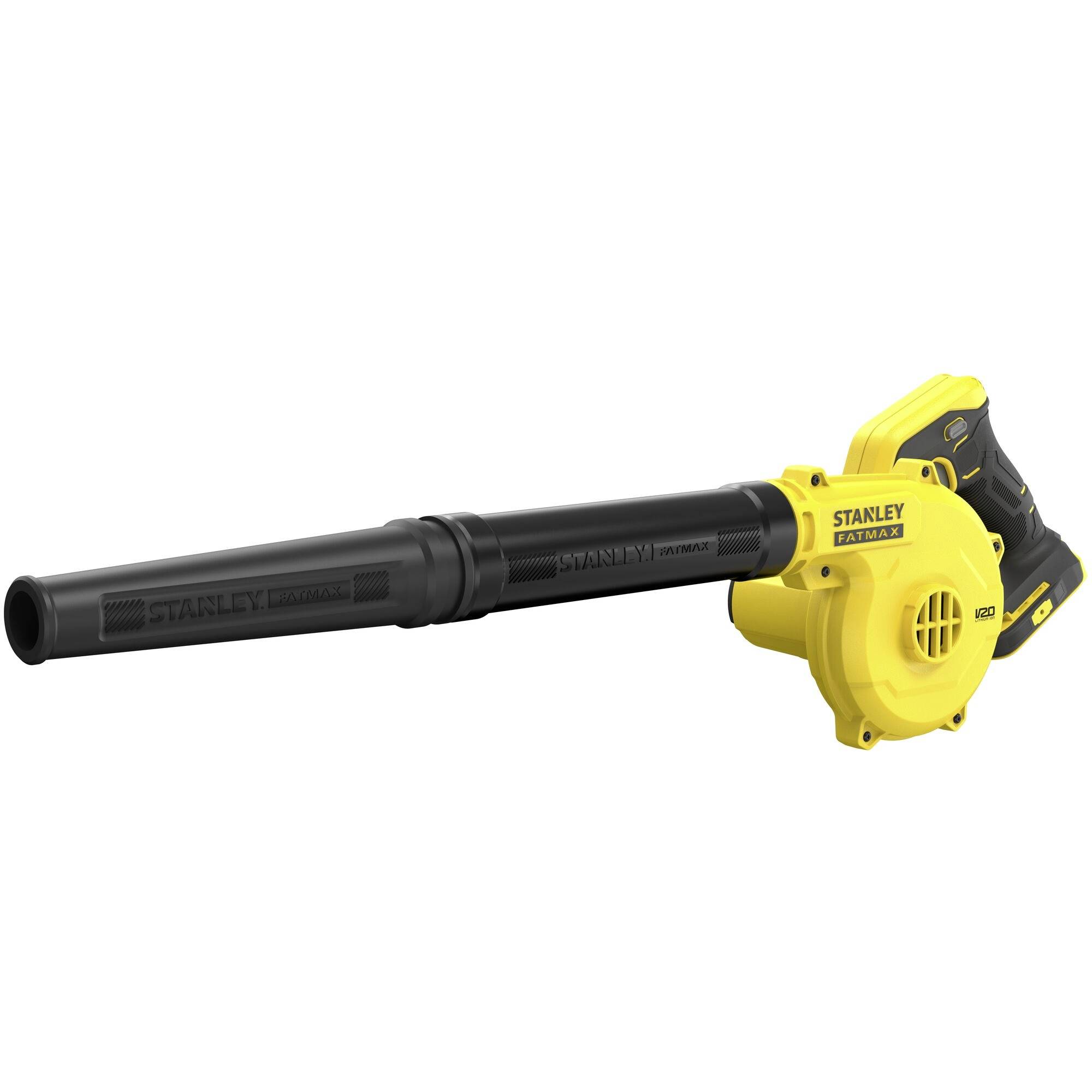 A yellow and black Stanley electric air blower, featuring a long nozzle and ergonomic handle, designed for efficient debris clearing.