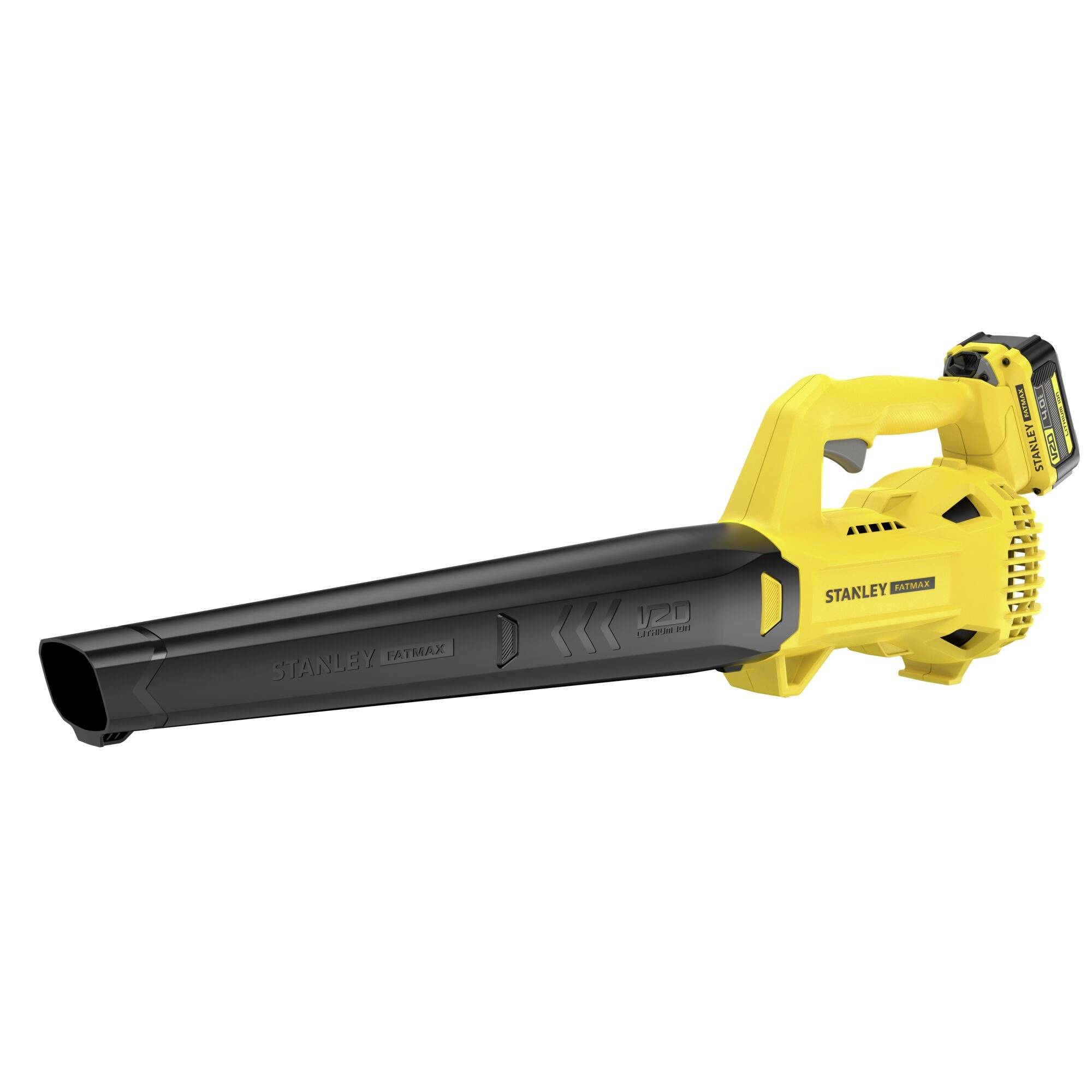 Un souffleur de feuilles jaune et noir alimenté par batterie, de marque 'STANLEY', avec une poignée et une buse allongée pour les tâches de nettoyage extérieur.