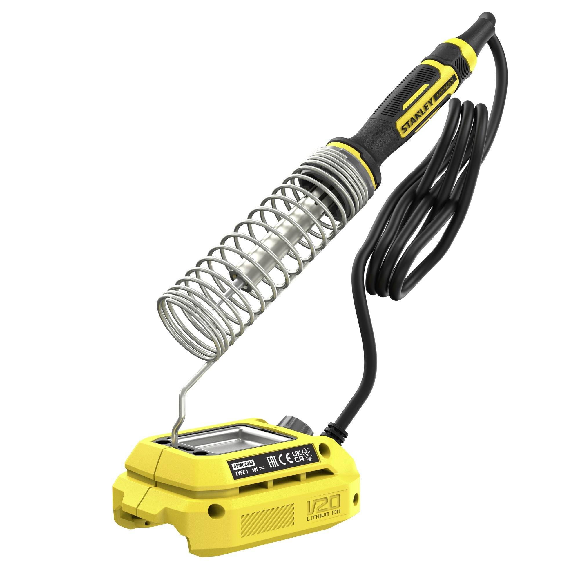 Fer à souder « Stanley V20 Lithium-ion » au design jaune et noir, doté d'un support métallique enroulé et d'un cordon d'alimentation attaché.