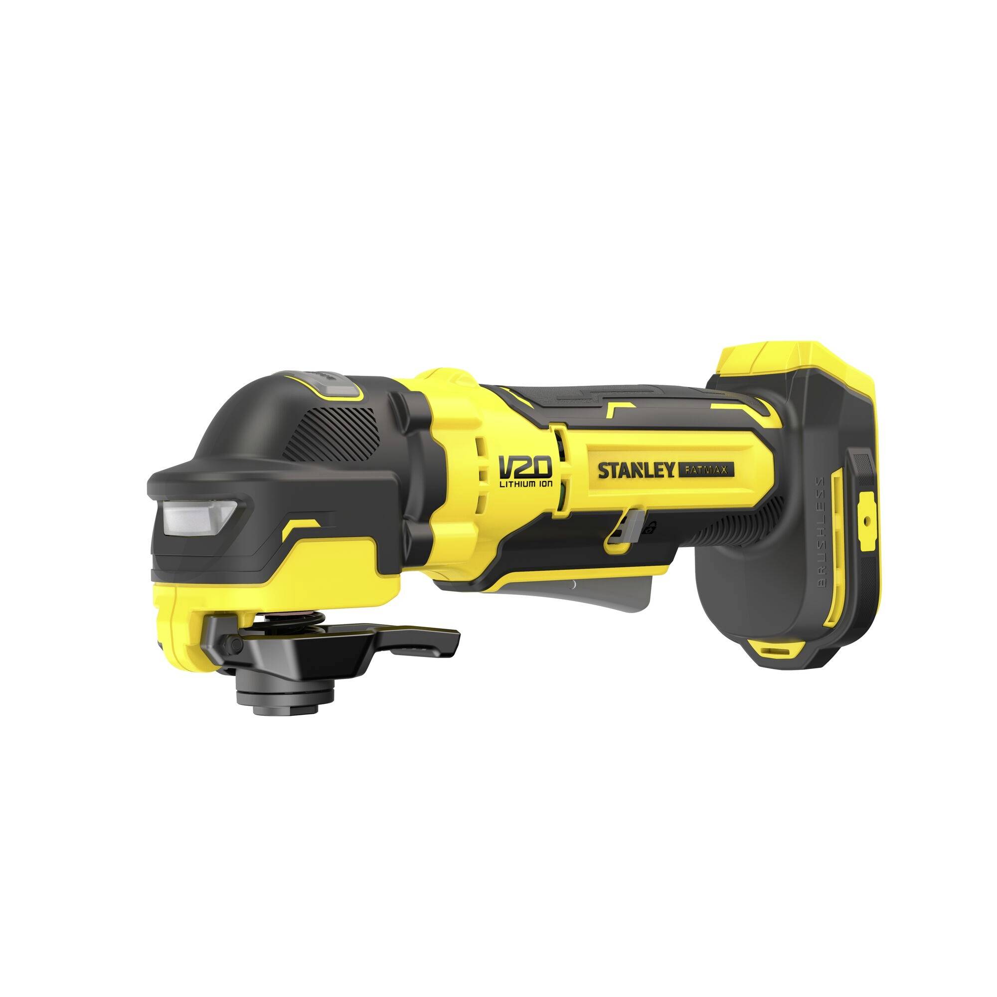 Un outil multifonction oscillant sans fil jaune et noir de Stanley, conçu pour la coupe, le ponçage et autres projets de bricolage, équipé d'une batterie lithium-ion V20.