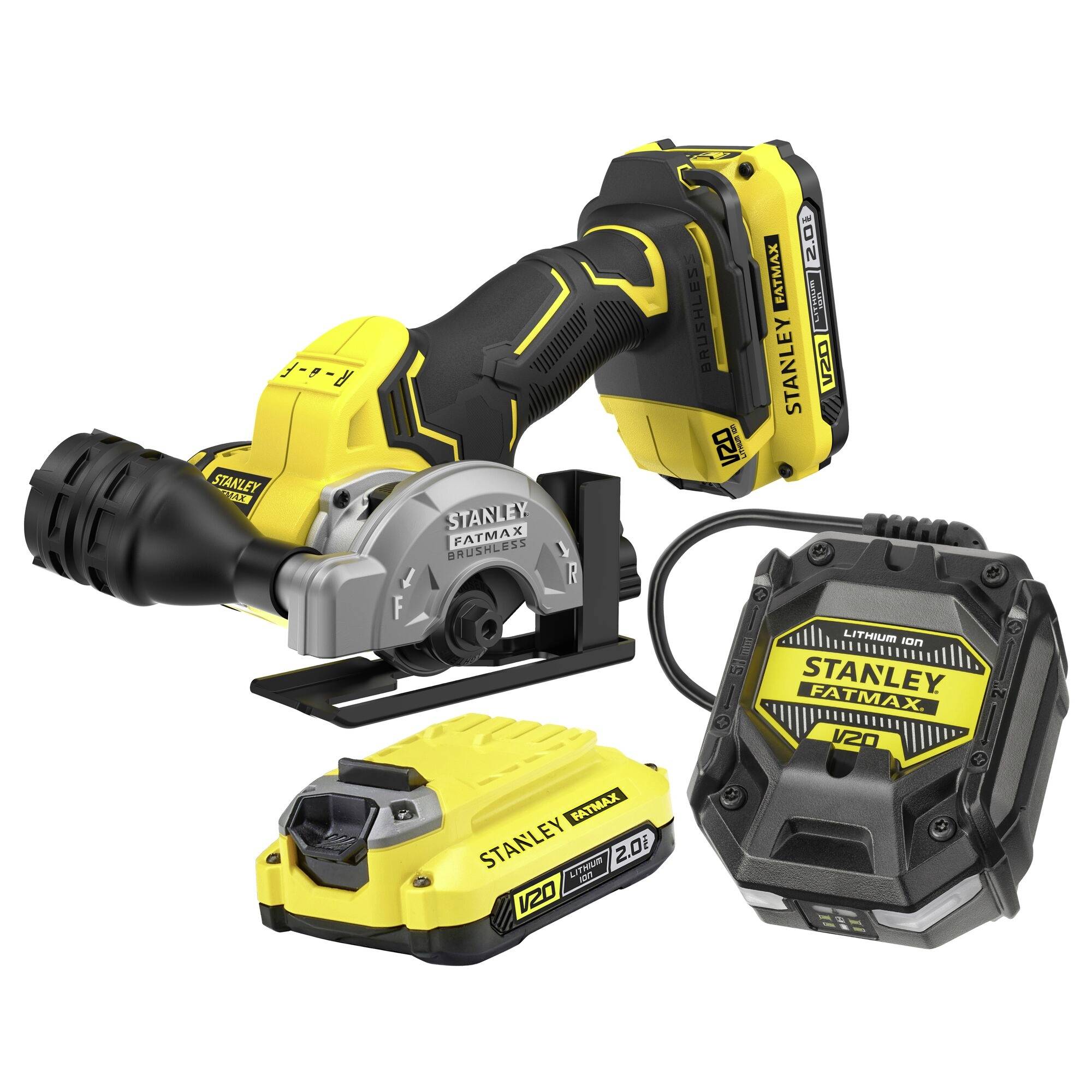 Un kit de scie circulaire sans fil Stanley Fatmax V20 noir et jaune avec une batterie et un chargeur présenté dans un affichage de produit.
